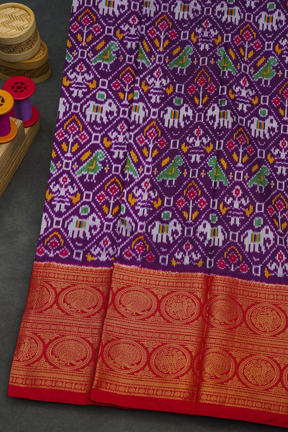 Pochampally Ikat Silk Purple Saree With Peacock And Deer Border