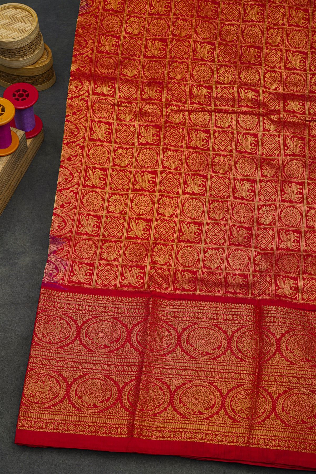 Pochampally Ikat Silk Purple Saree With Peacock And Deer Border
