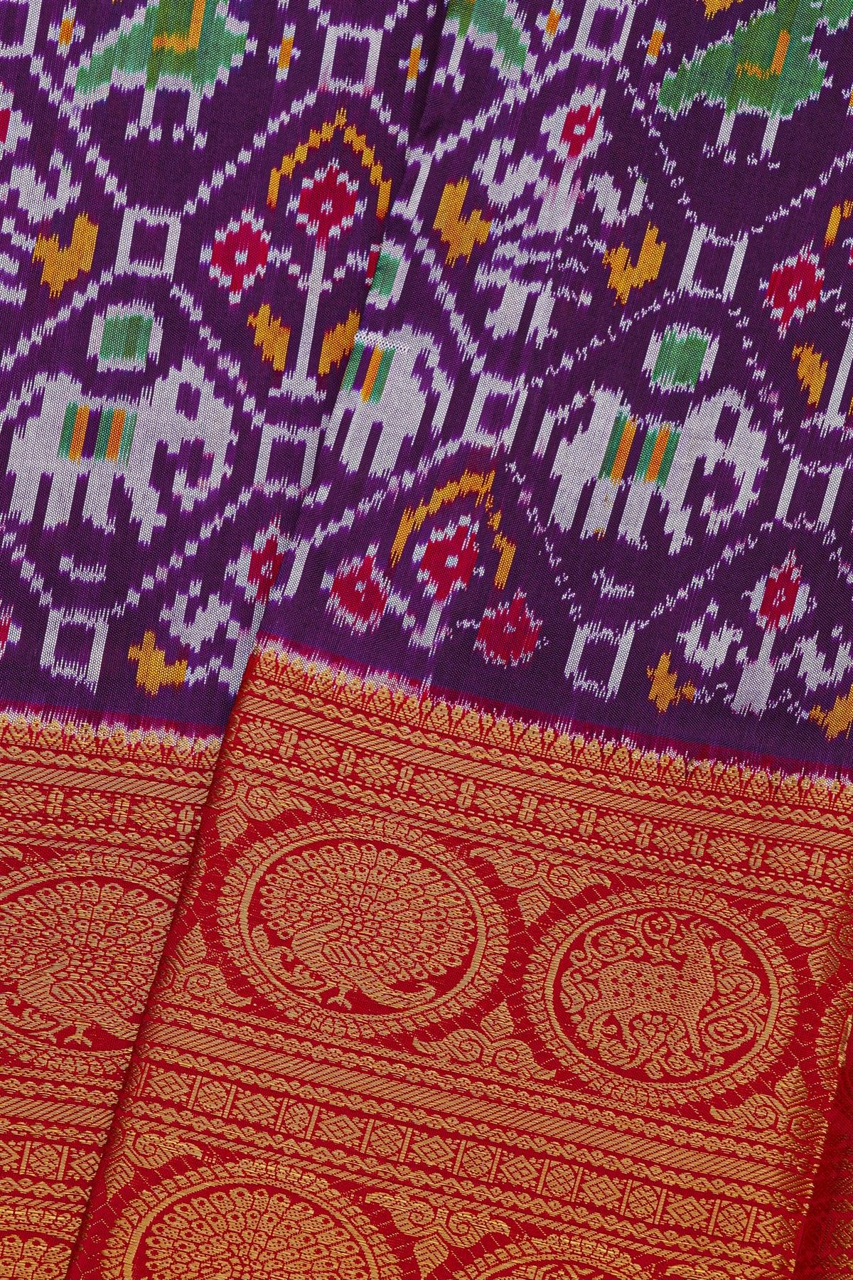 Pochampally Ikat Silk Purple Saree With Peacock And Deer Border