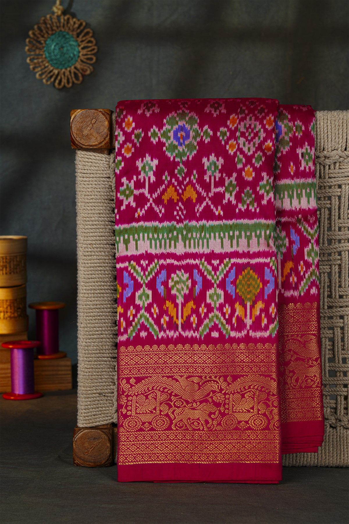 Pochampally Ikat Silk Rani Pink Saree With Floral And Animal Pallaki Border