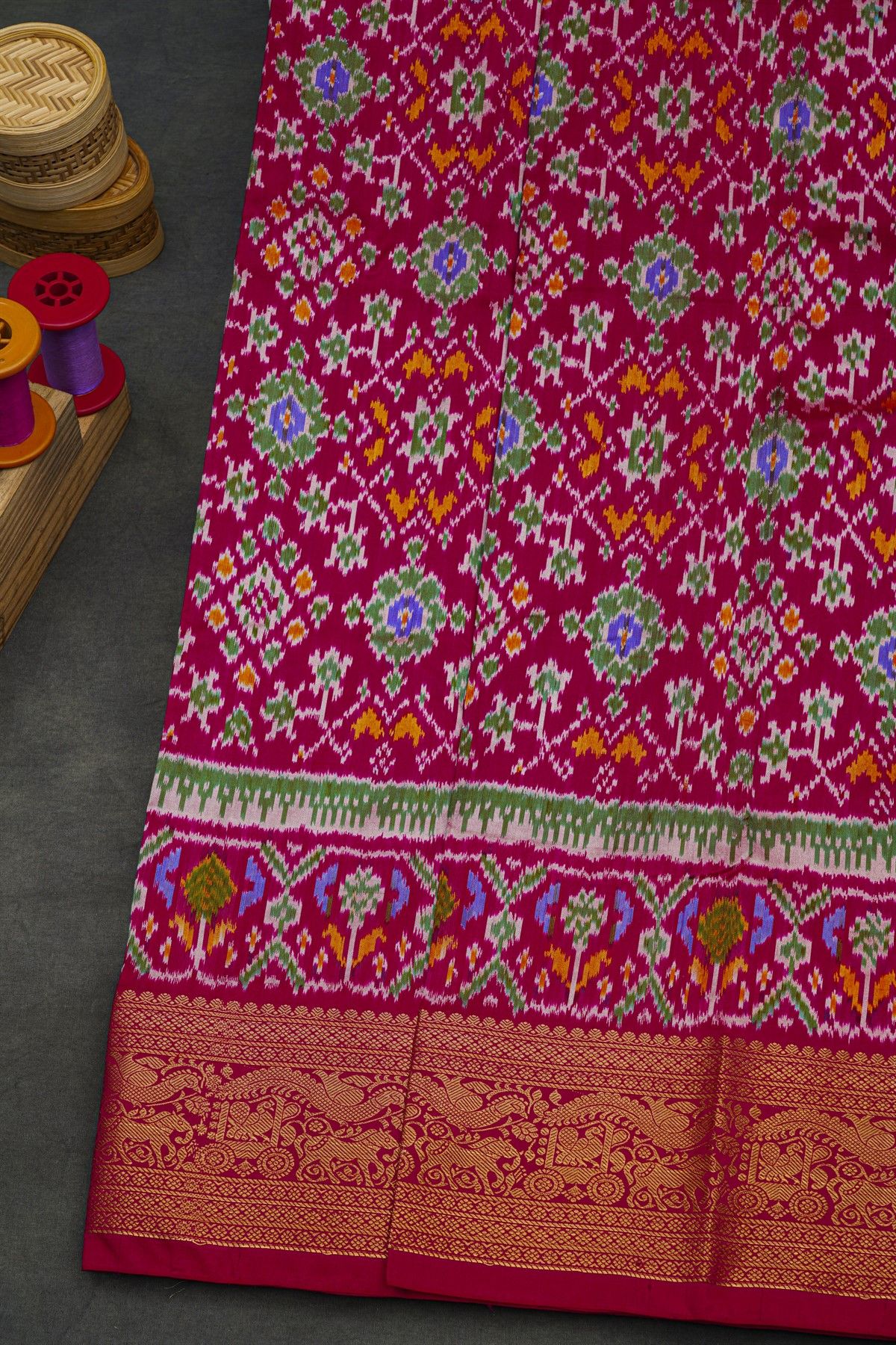 Pochampally Ikat Silk Rani Pink Saree With Floral And Animal Pallaki Border