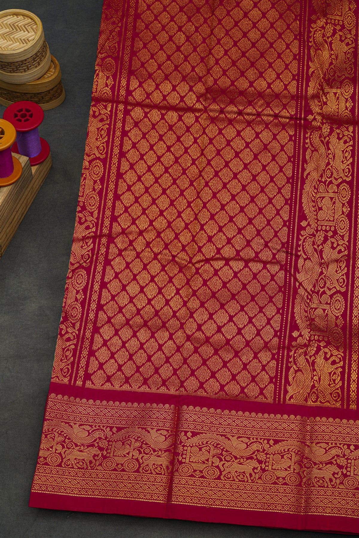 Pochampally Ikat Silk Rani Pink Saree With Floral And Animal Pallaki Border