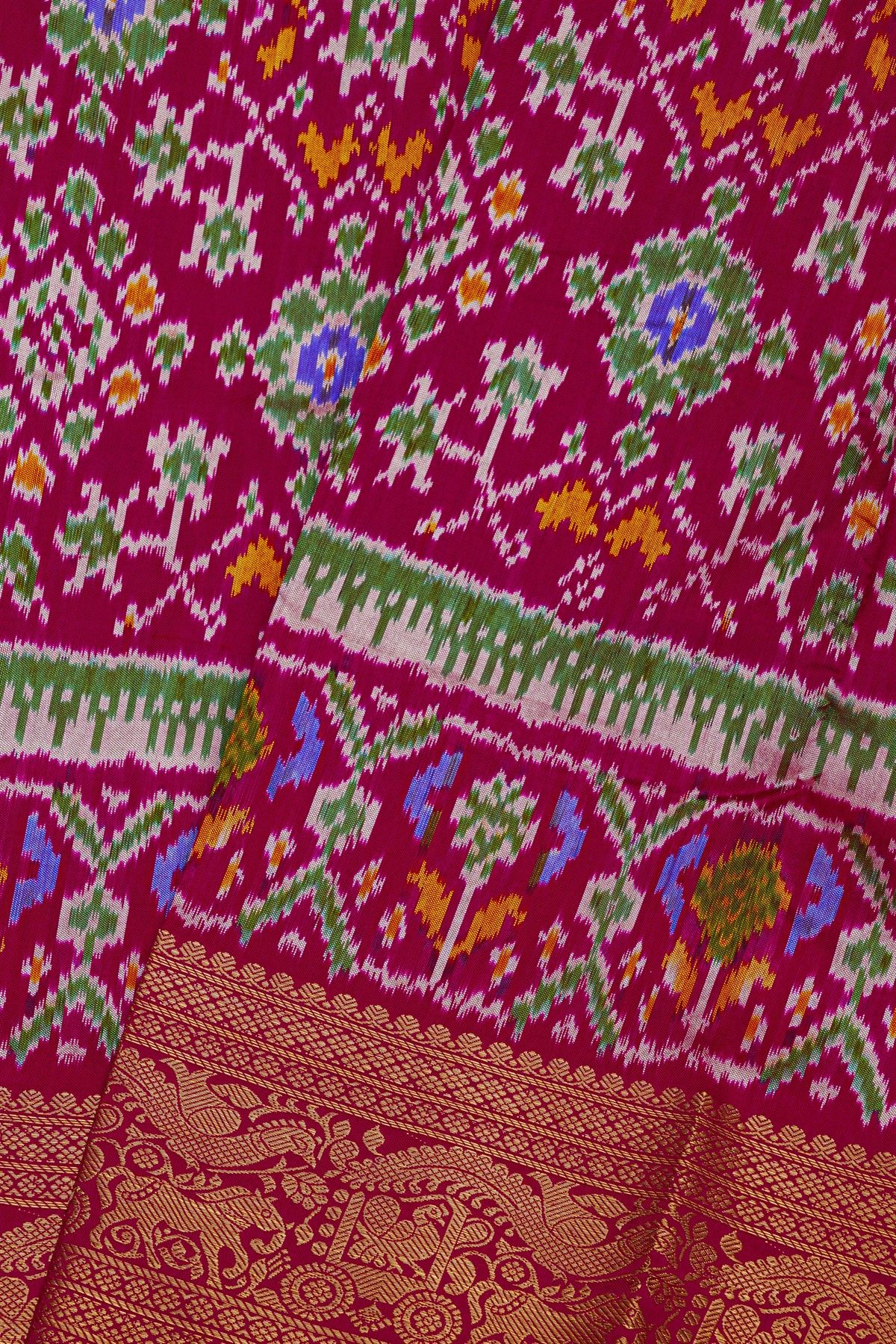 Pochampally Ikat Silk Rani Pink Saree With Floral And Animal Pallaki Border