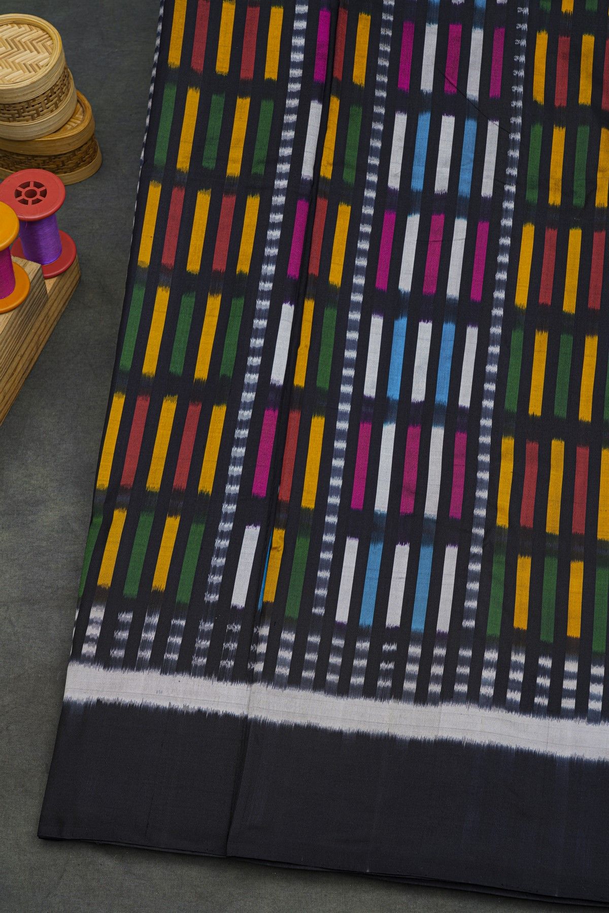 Pochampally Ikat Silk Black Saree With Multicolour Stripe Body