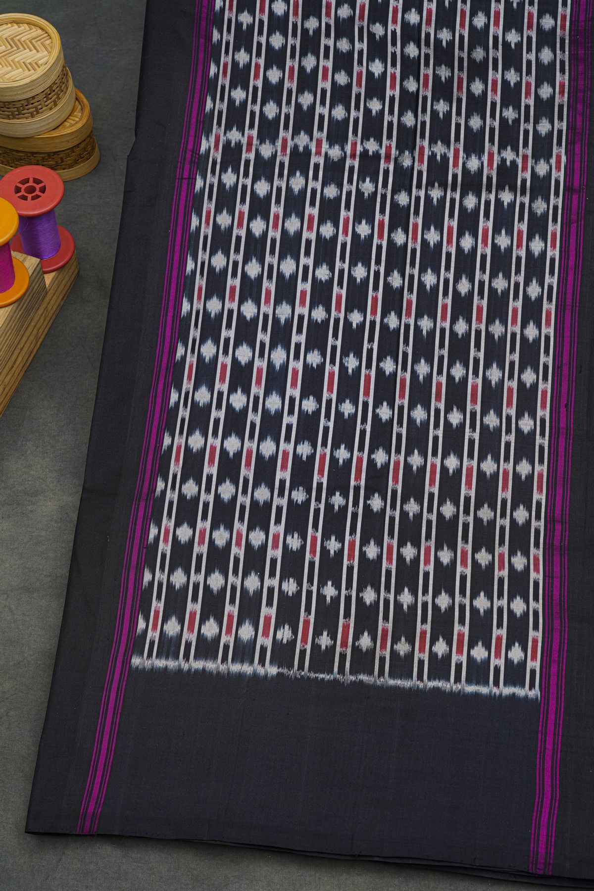 Pochampally Ikat Silk Black Saree With Multicolour Stripe Body