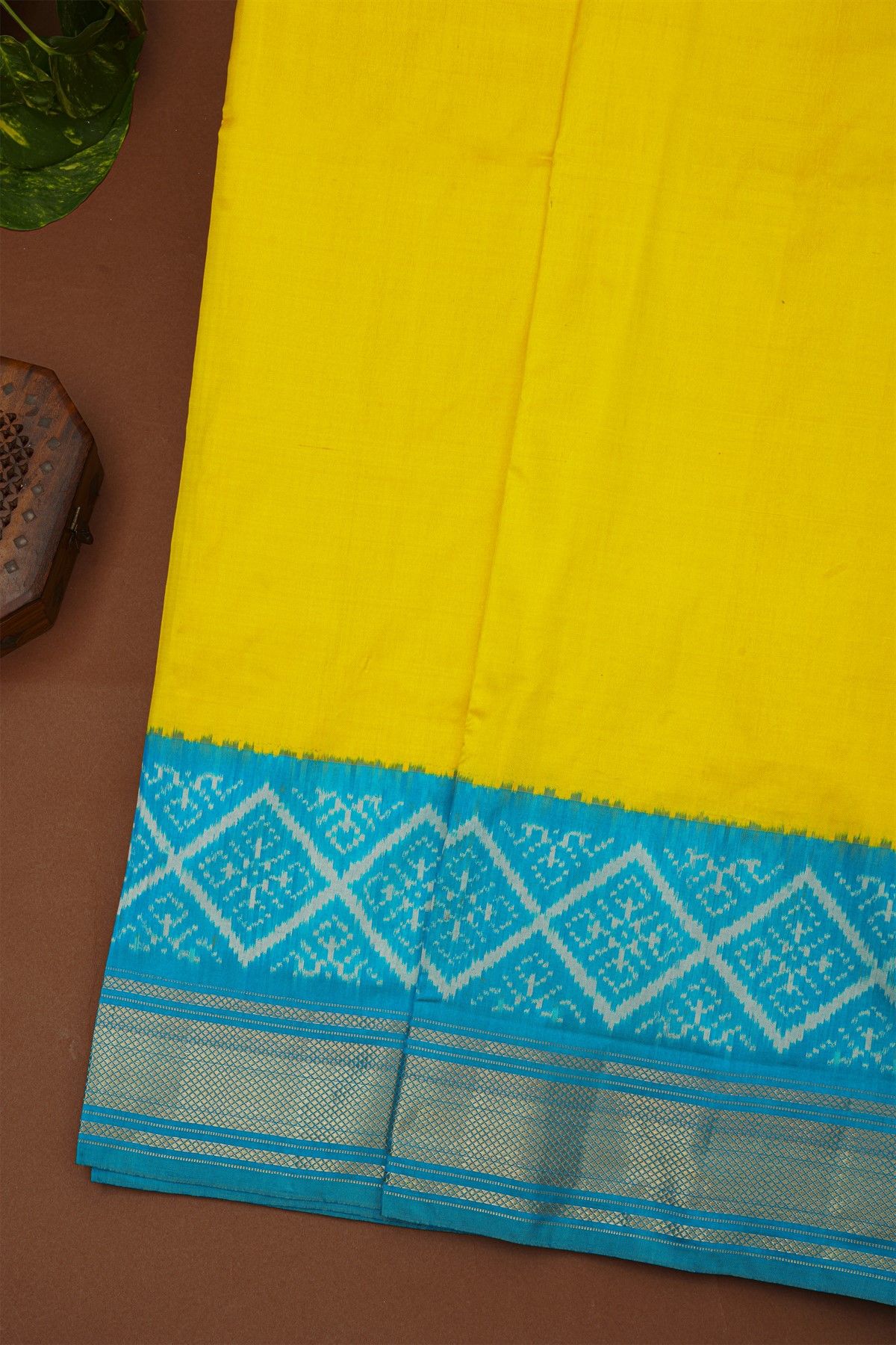 Pochampally Ikat Silk Yellow Saree With Floral Cross-Check Body