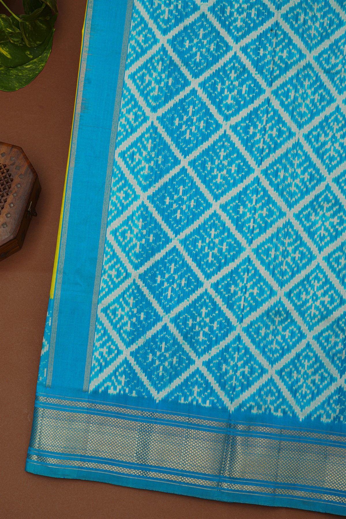 Pochampally Ikat Silk Yellow Saree With Floral Cross-Check Body
