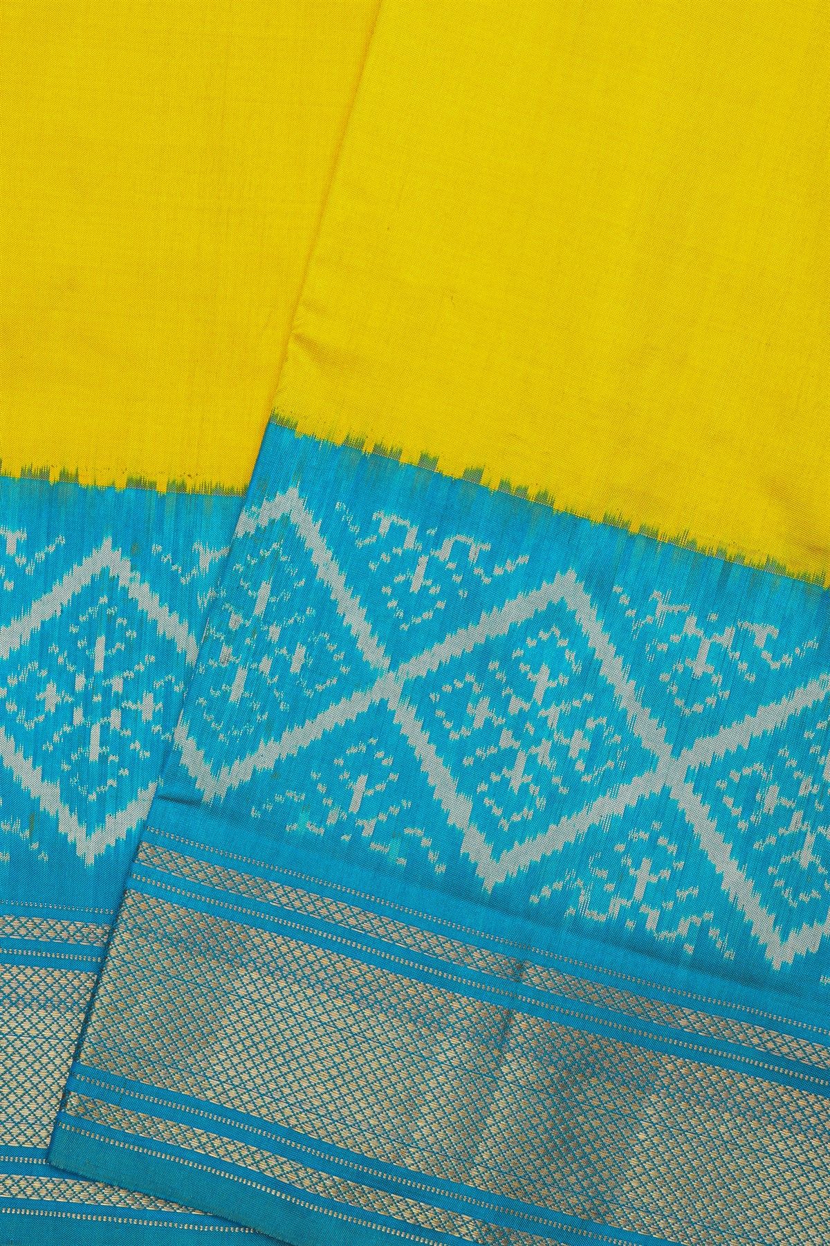 Pochampally Ikat Silk Yellow Saree With Floral Cross-Check Body