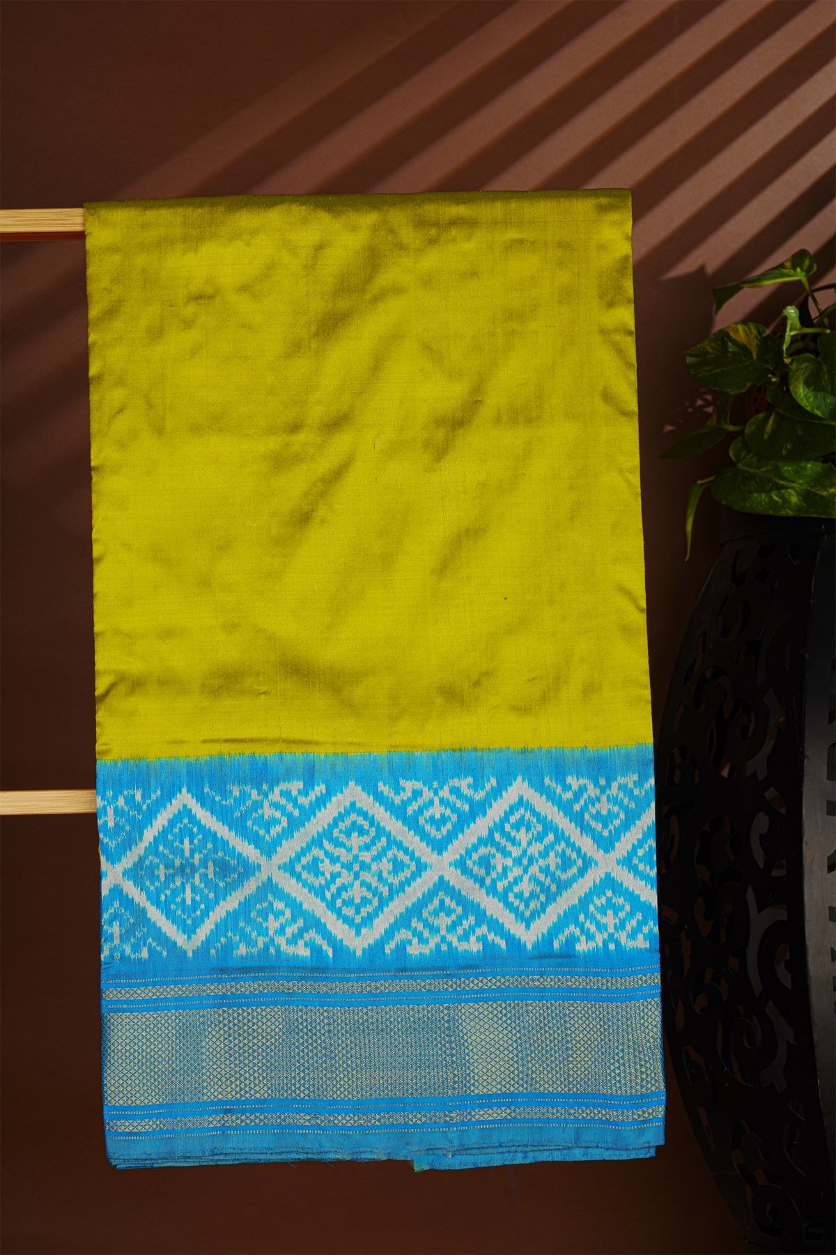 Pochampally Ikat Silk Lime Green Saree With Diamond Motif Border