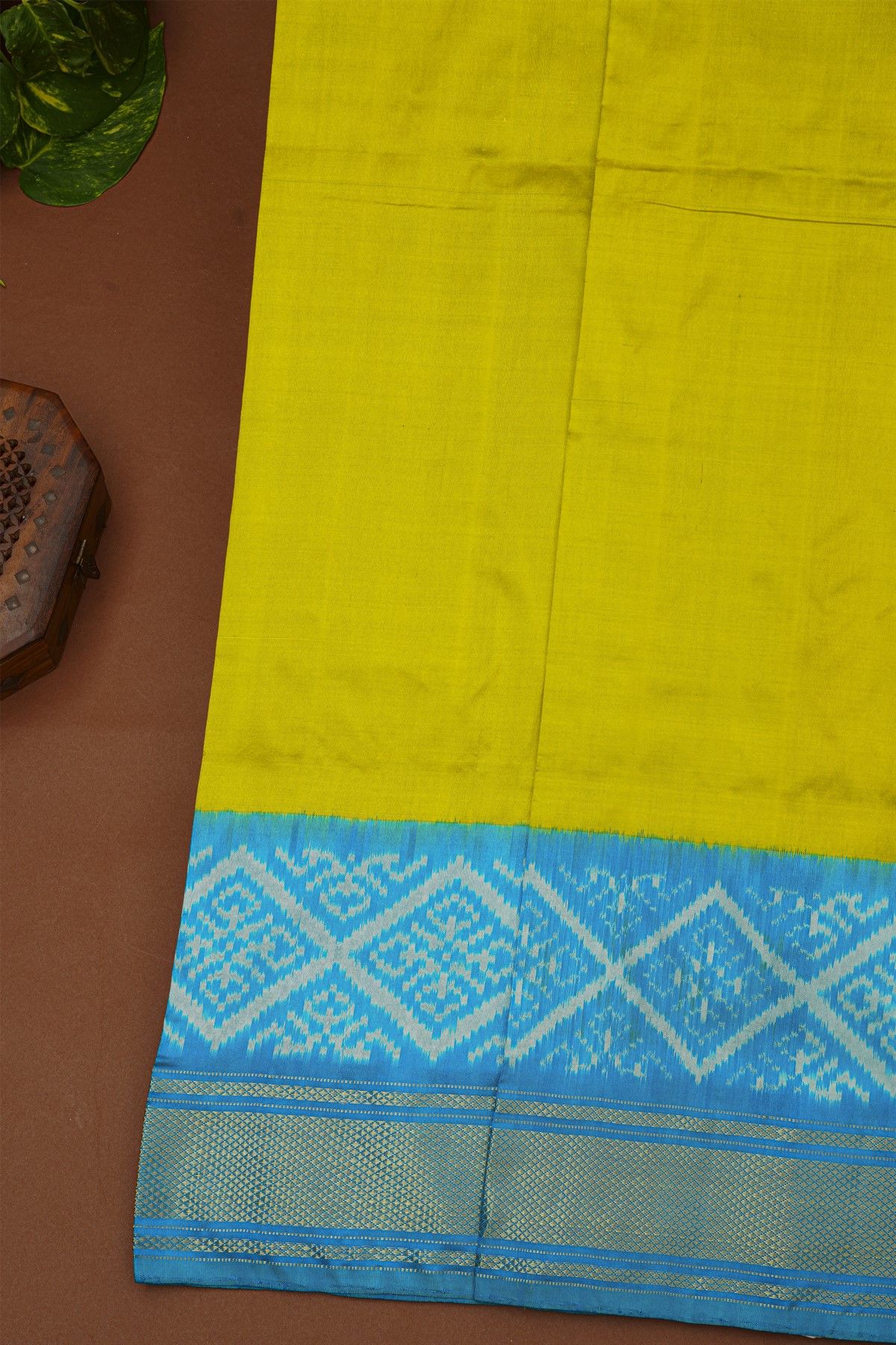 Pochampally Ikat Silk Lime Green Saree With Diamond Motif Border