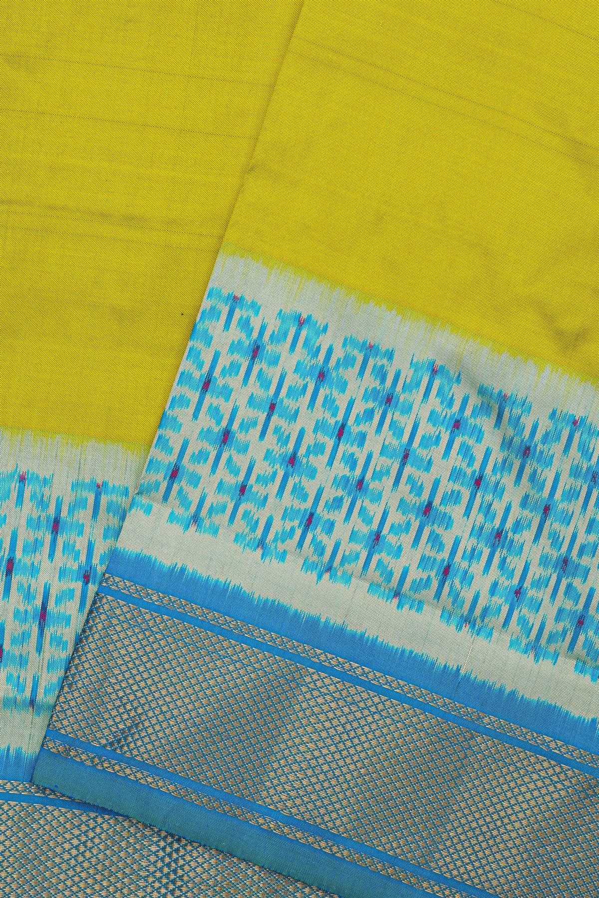 Pochampally Ikat Silk LIme Green Saree With Floral Butti Body