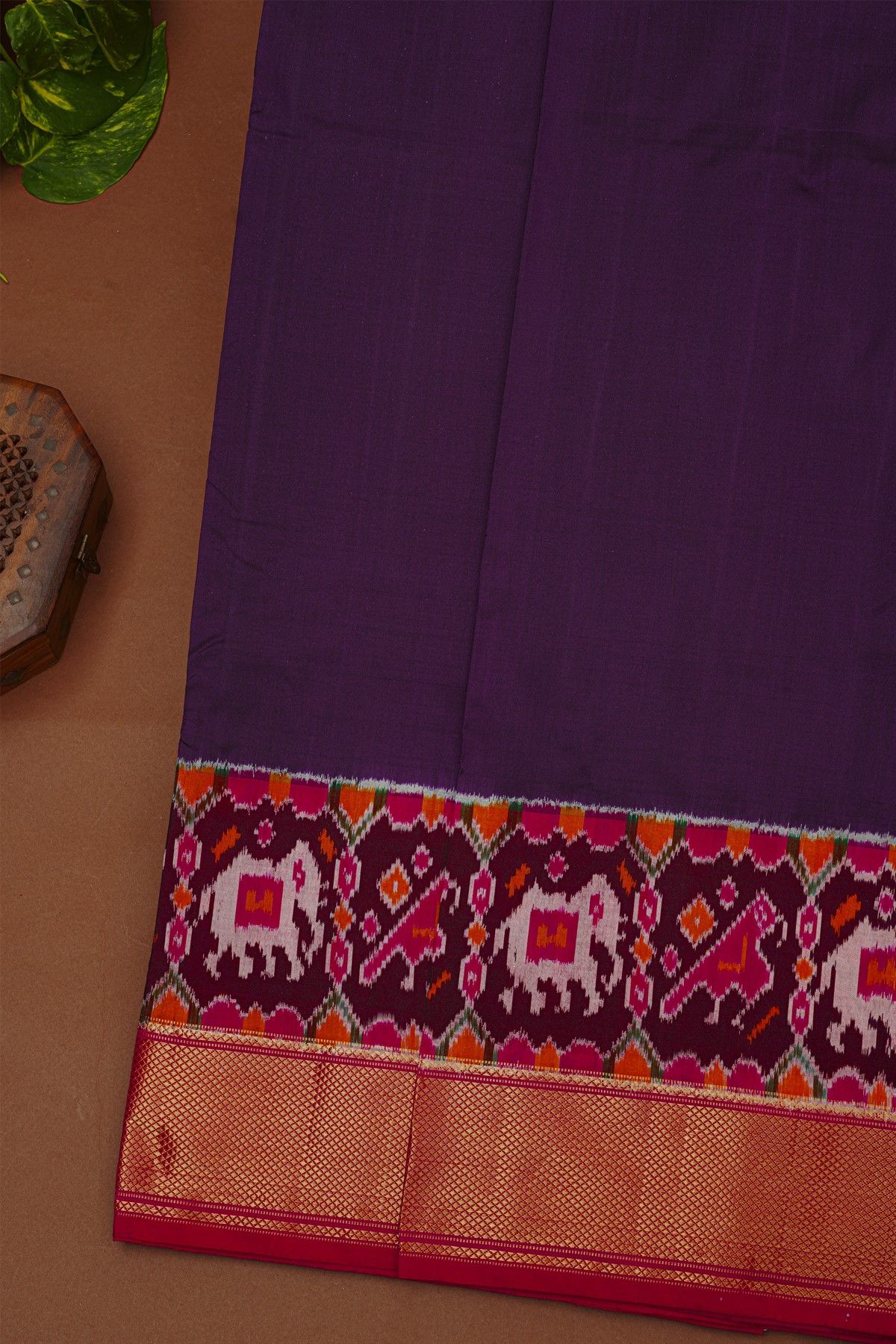 Pochampally Ikat Silk Violet Saree With Parrot And Elephant Butti Body