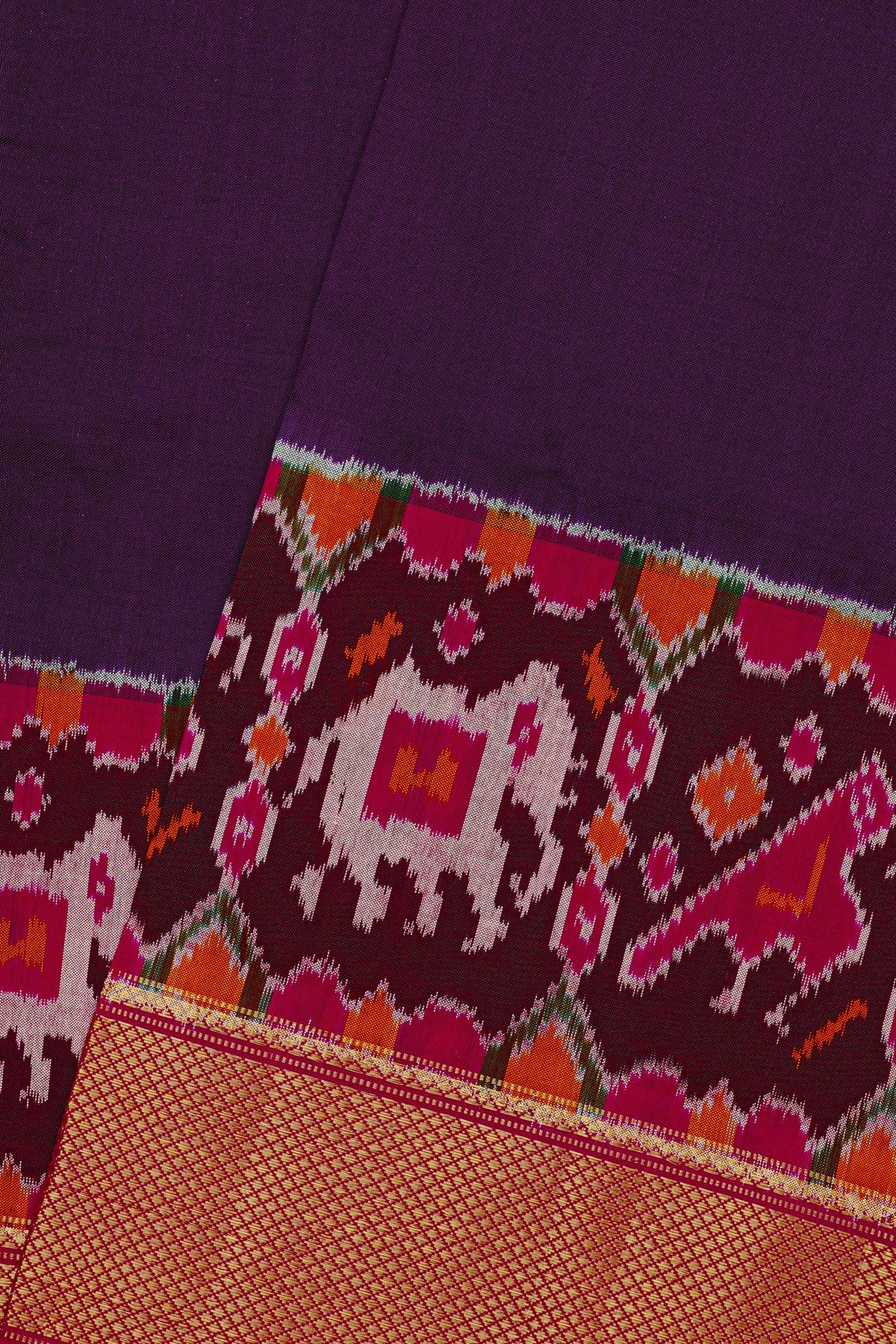 Pochampally Ikat Silk Violet Saree With Parrot And Elephant Butti Body