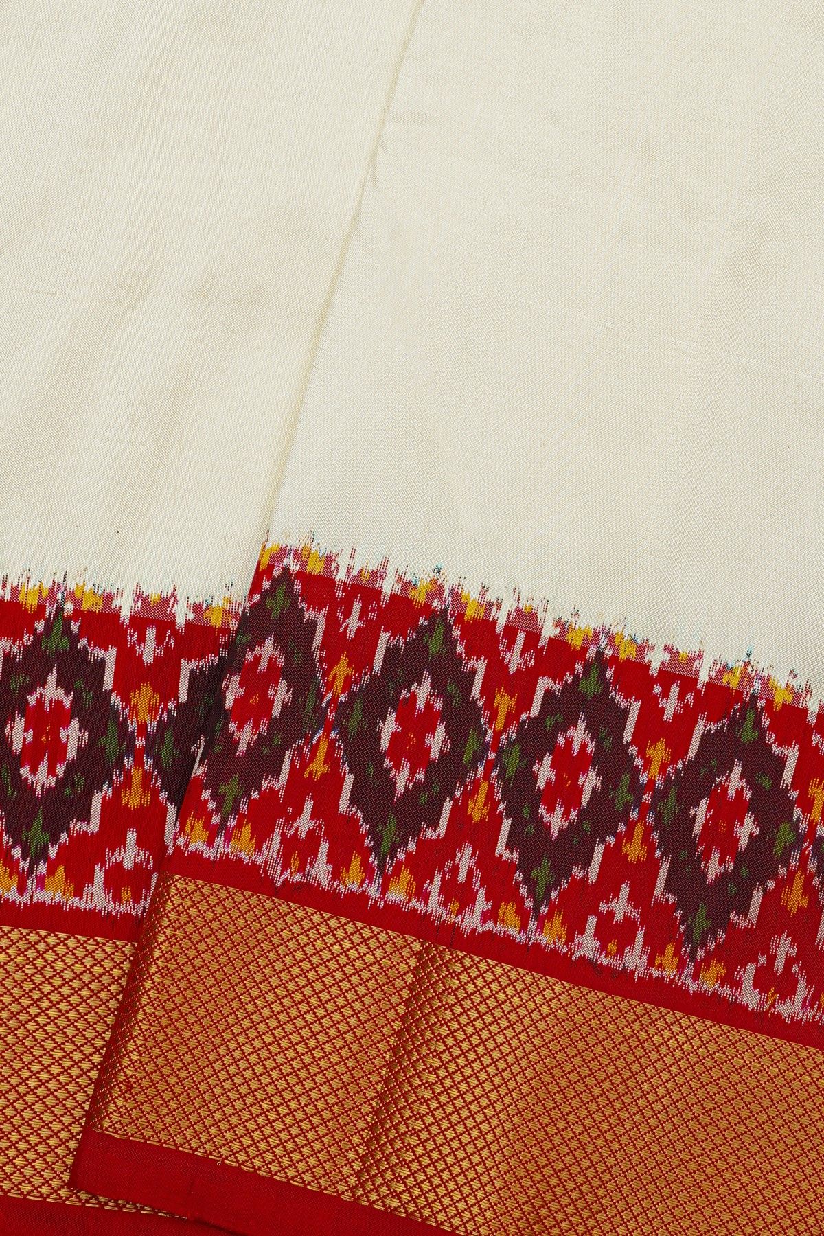 Pochampally Ikat Silk Off White Saree Red Ikat Motif Border And Zari Accent
