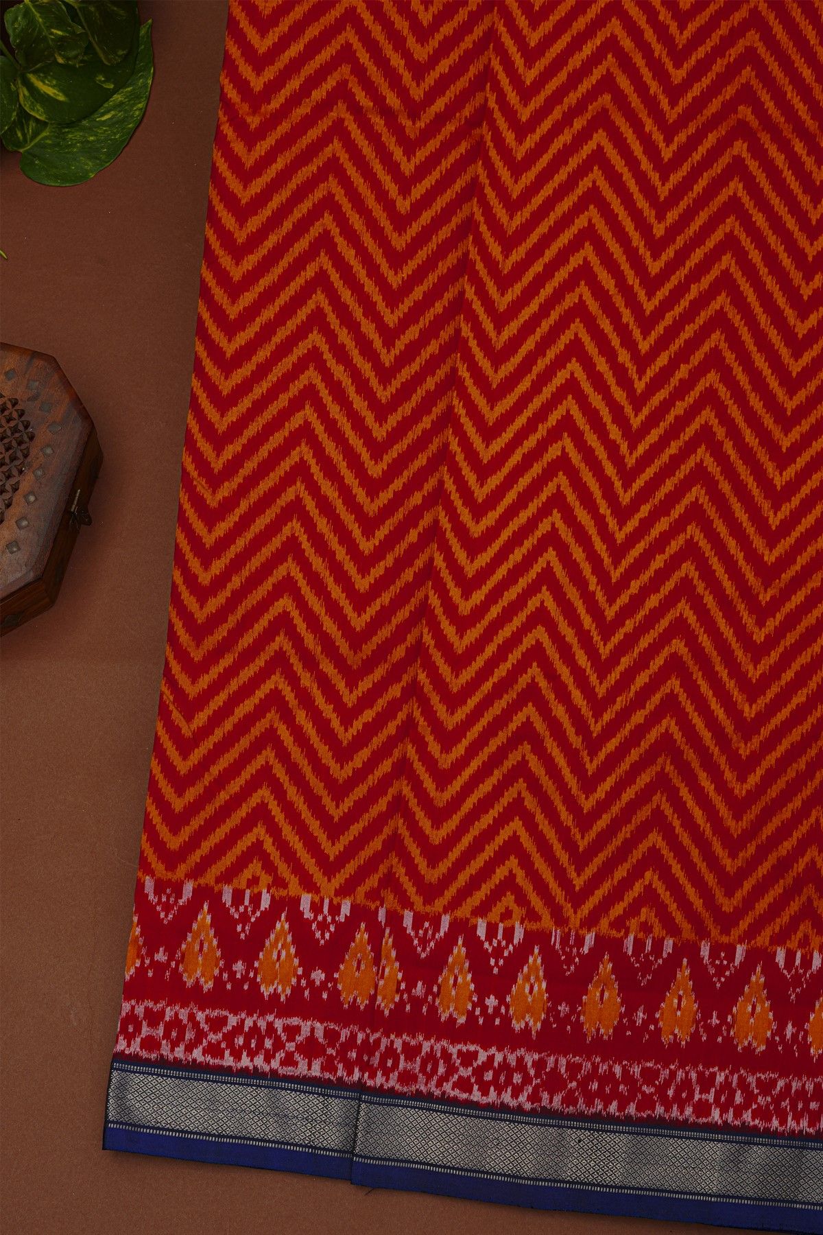 Ikat Silk Red Saree With Zig Zag Lines And Diamonds Border