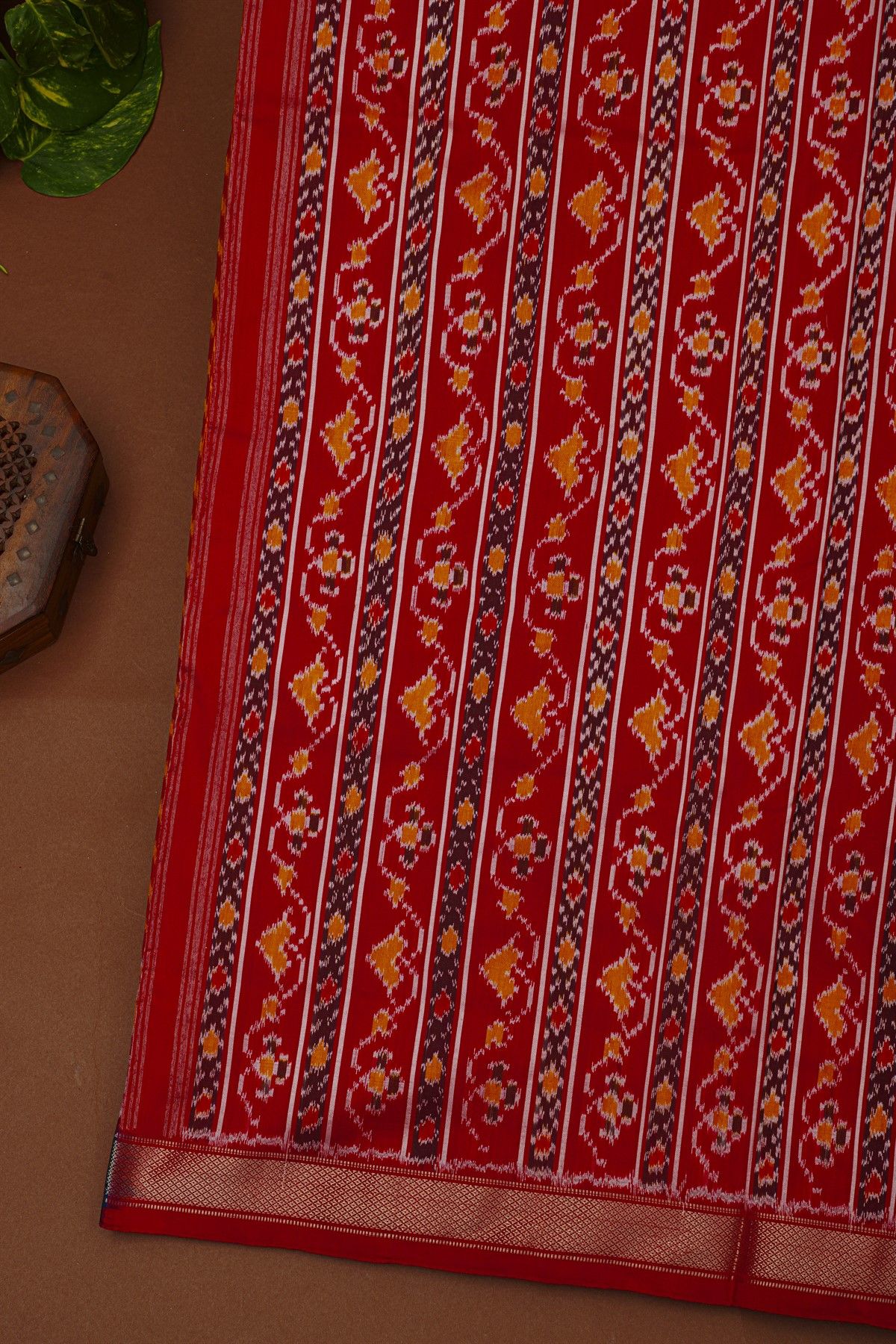 Ikat Silk Red Saree With Zig Zag Lines And Diamonds Border