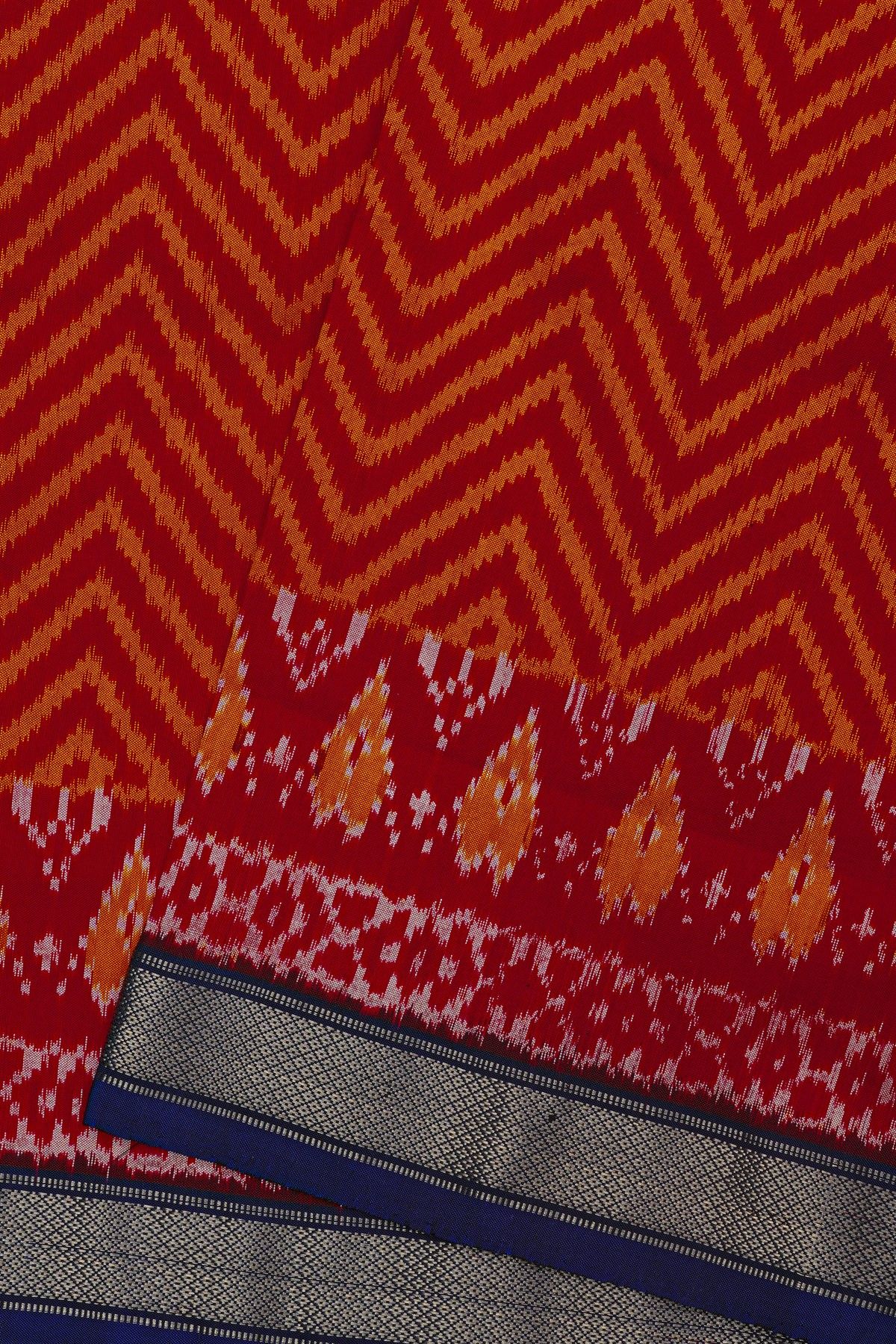 Ikat Silk Red Saree With Zig Zag Lines And Diamonds Border
