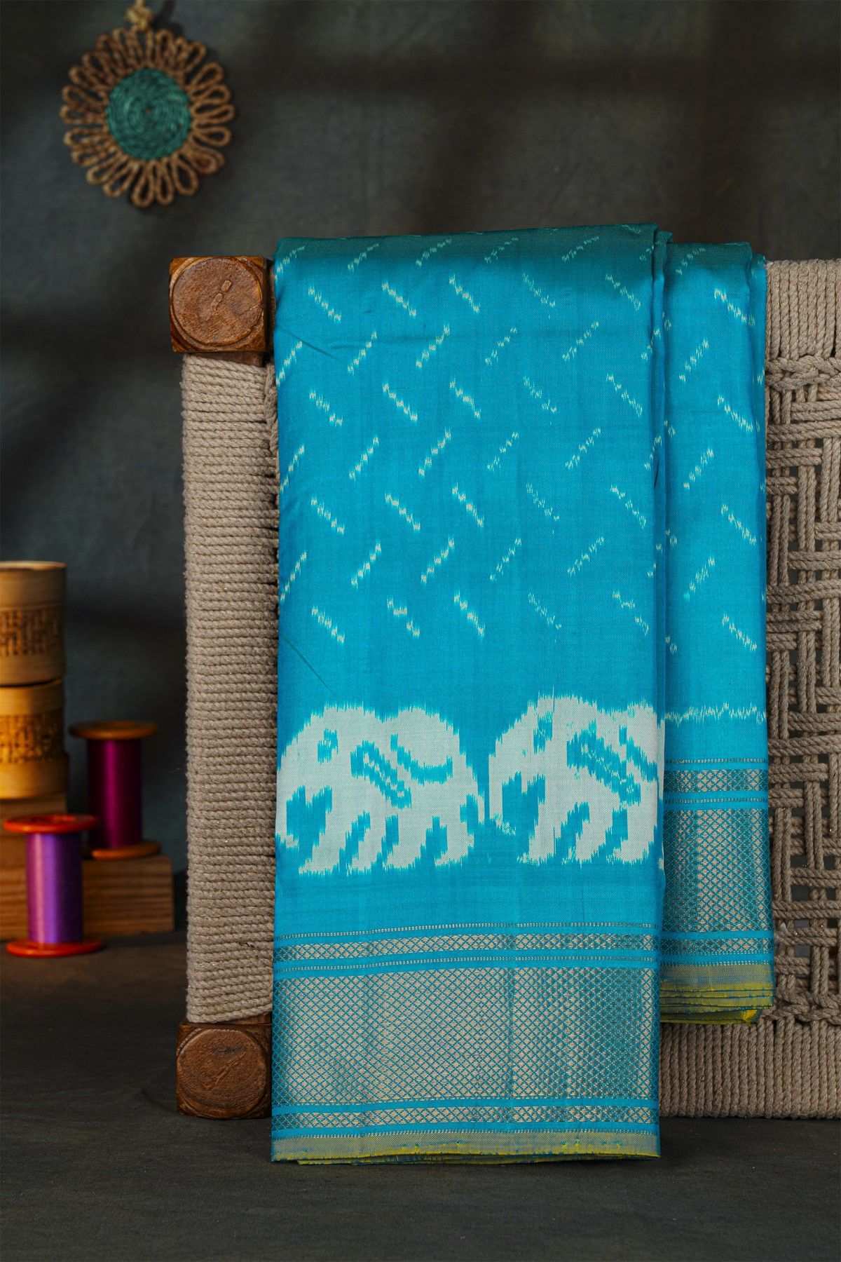 Pochampally Ikat Silk Sky Blue Saree With Diamonds In Zari Border