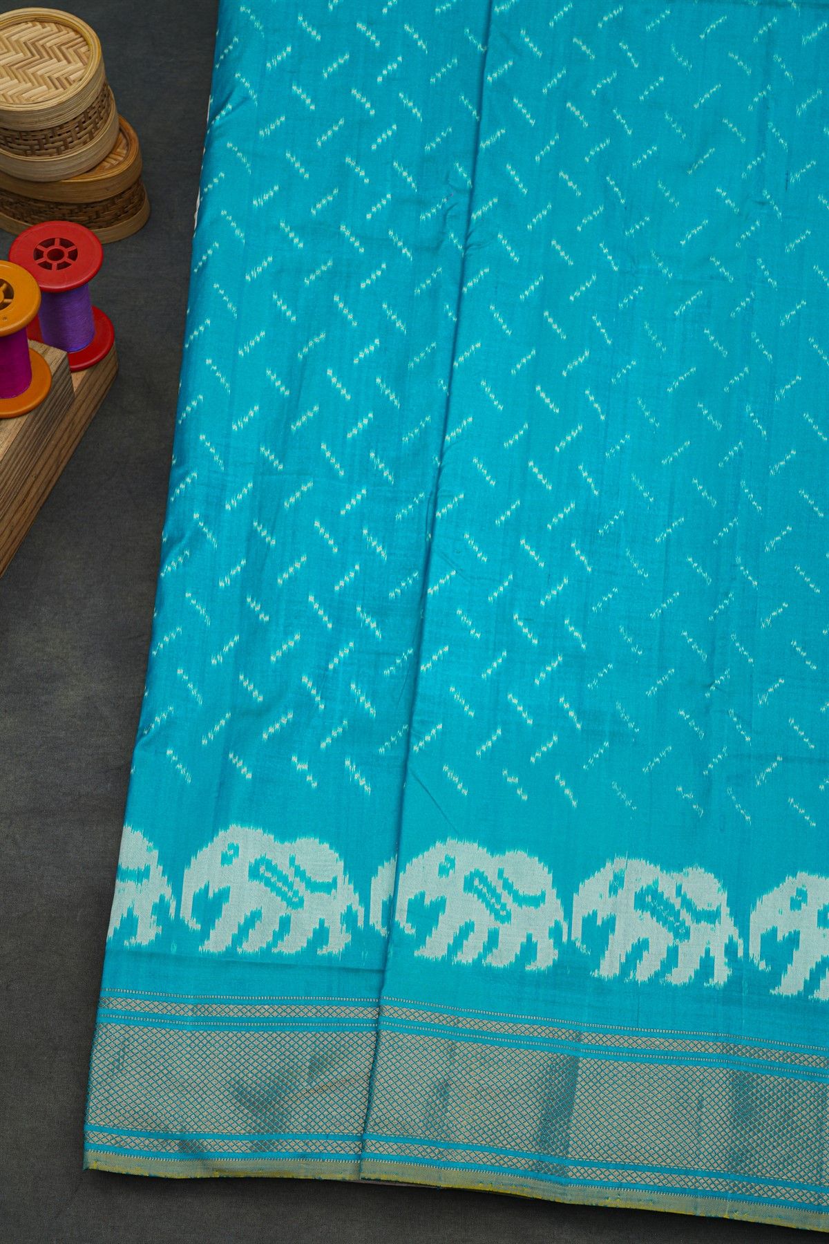 Pochampally Ikat Silk Sky Blue Saree With Diamonds In Zari Border