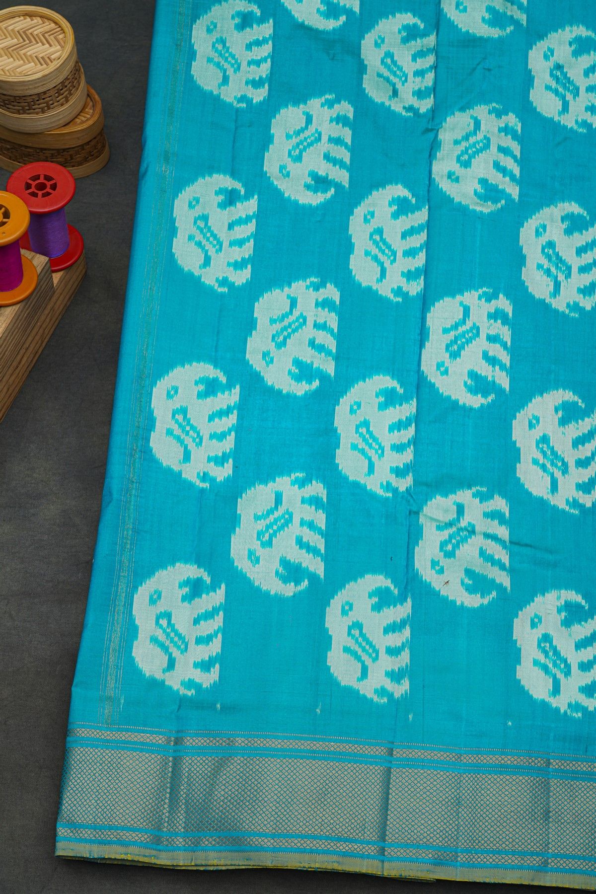 Pochampally Ikat Silk Sky Blue Saree With Diamonds In Zari Border