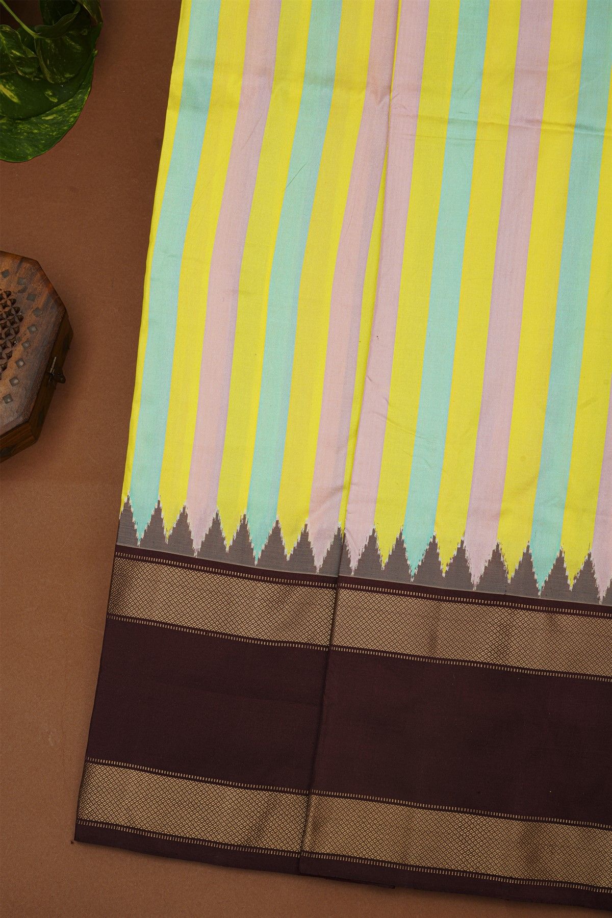 Ikat Silk Multi-Colour Saree With Temple Design In Body And Gap Border
