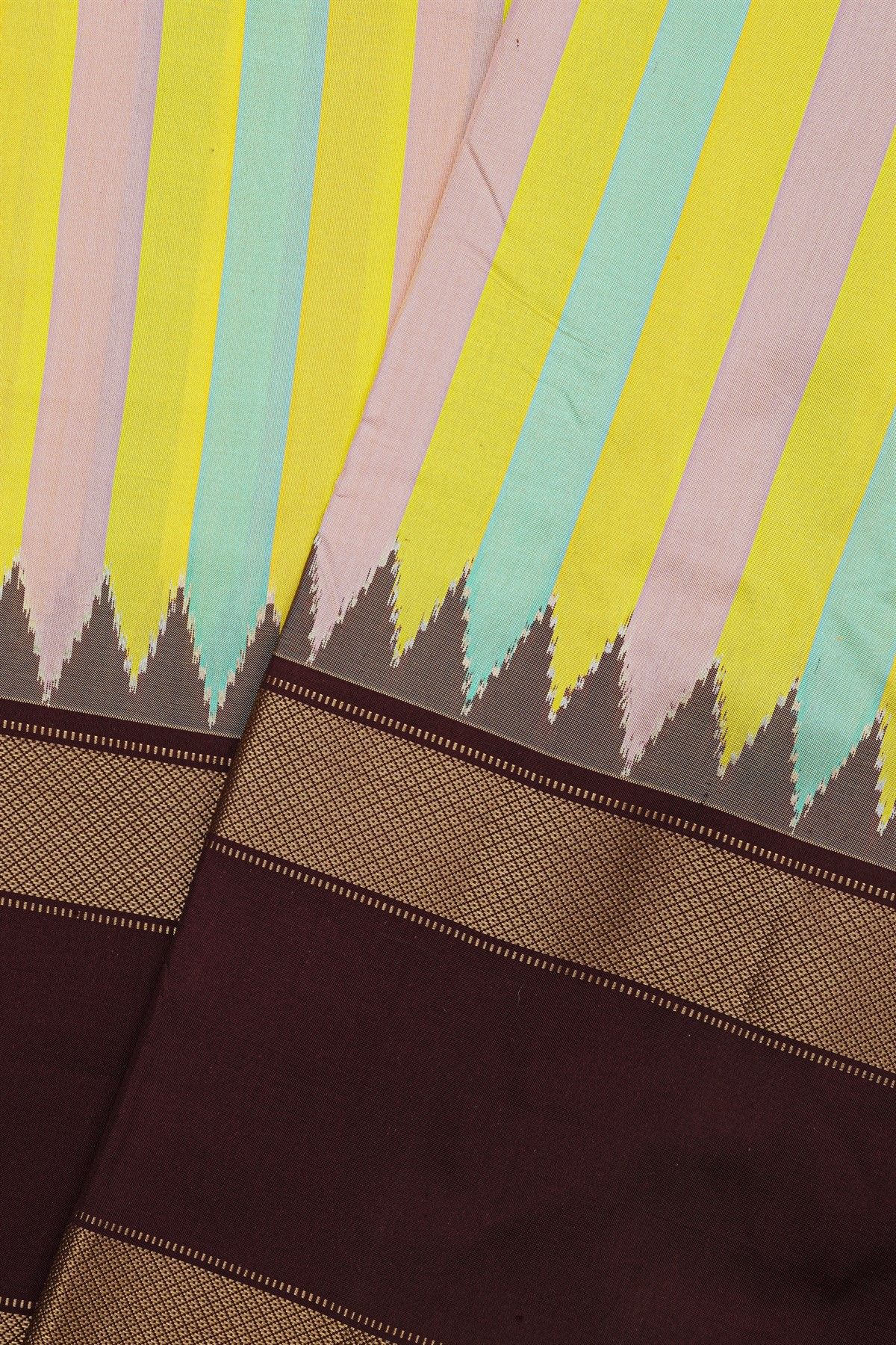 Ikat Silk Multi-Colour Saree With Temple Design In Body And Gap Border