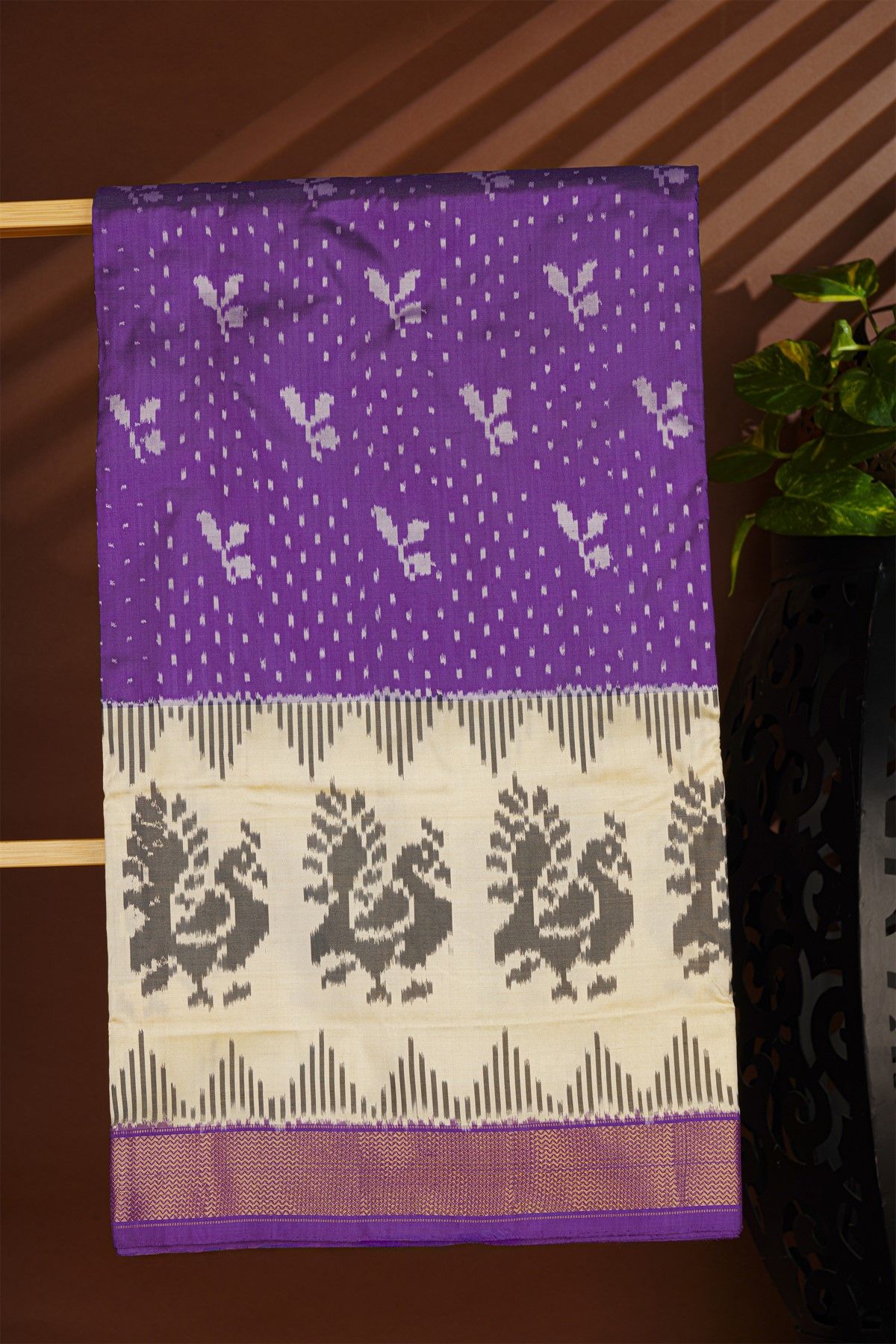 Ikat Silk Purple Saree With Peacocks And Zig-Zag Lines Border