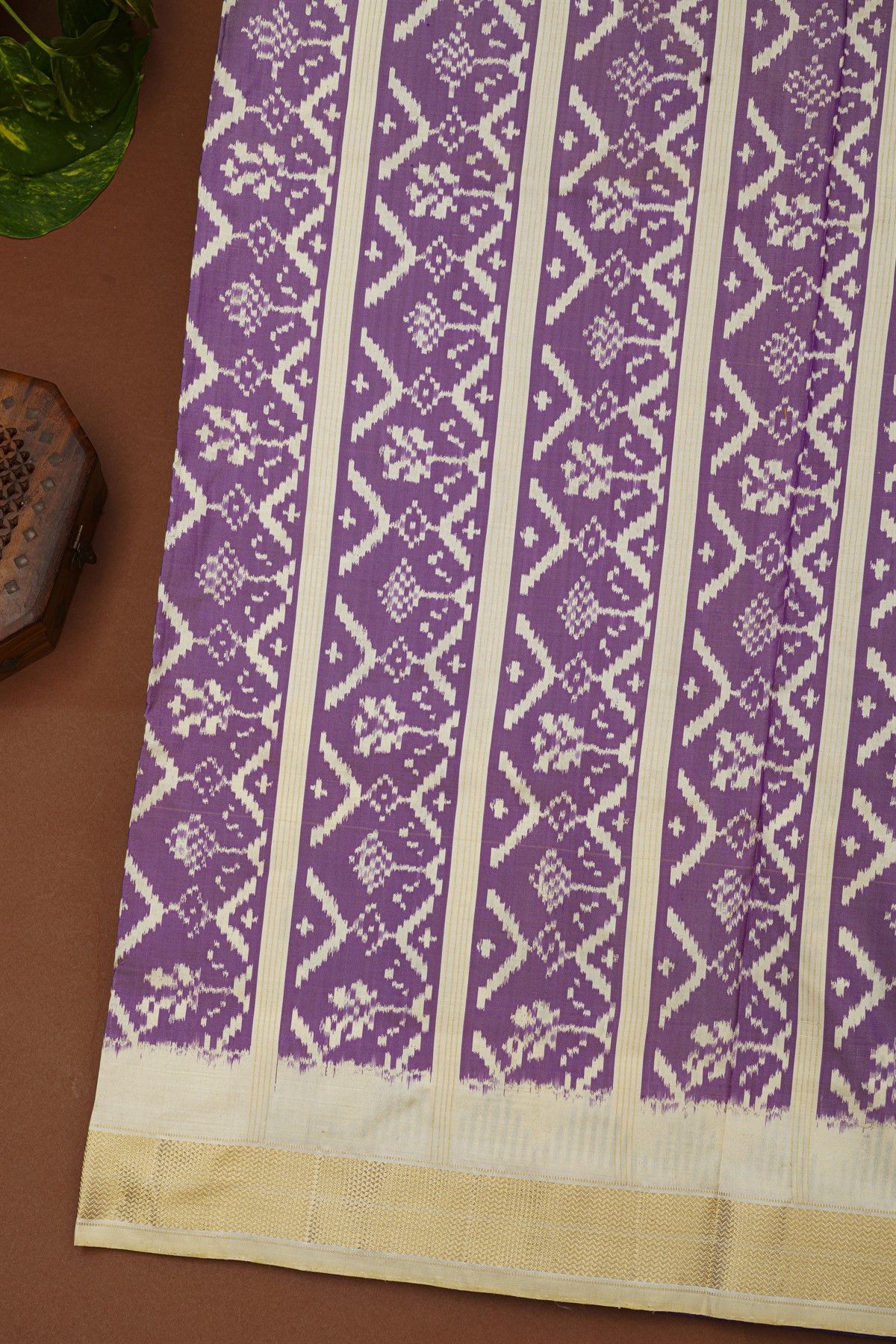 Ikat Silk Purple Saree With Peacocks And Zig-Zag Lines Border