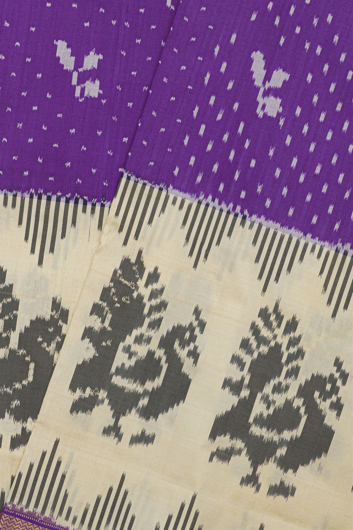 Ikat Silk Purple Saree With Peacocks And Zig-Zag Lines Border
