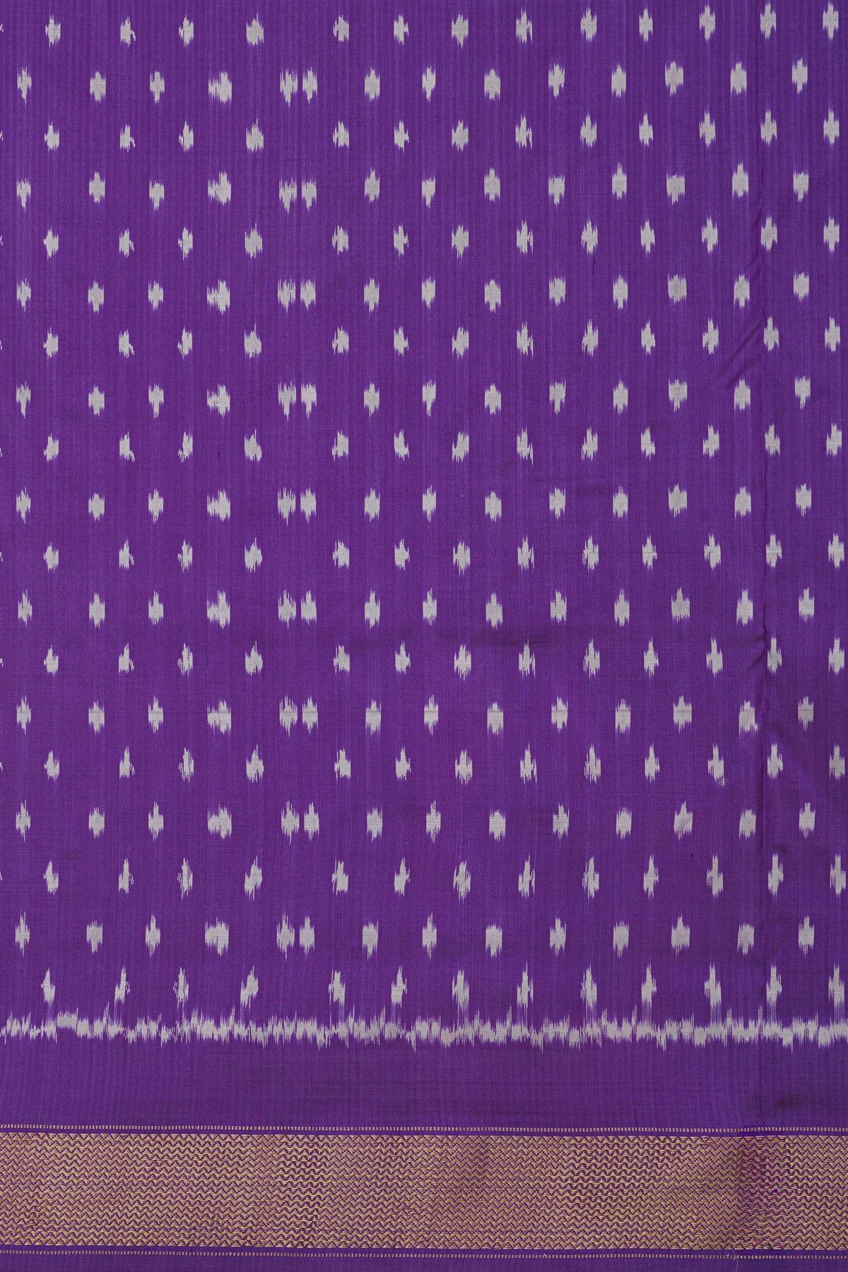 Ikat Silk Purple Saree With Peacocks And Zig-Zag Lines Border