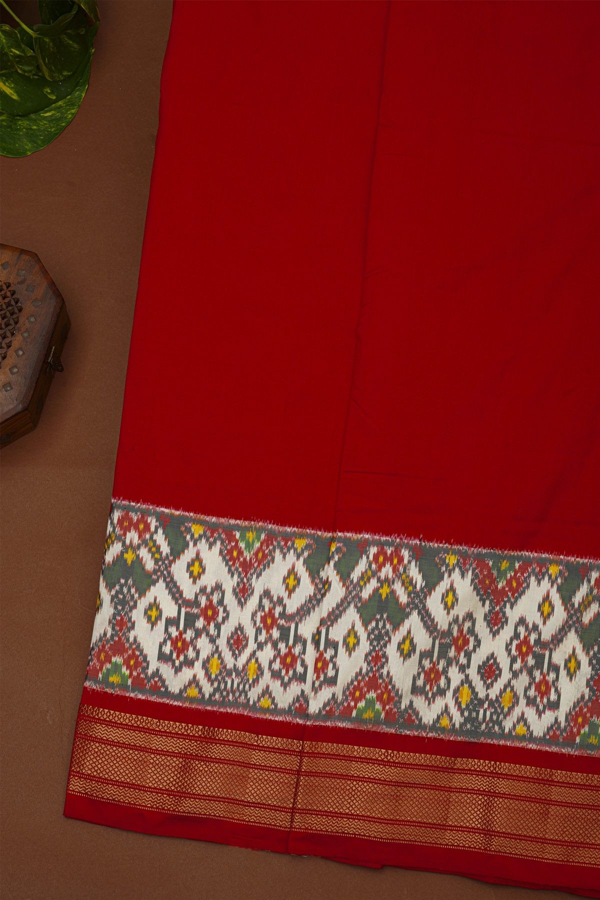 Ikat Silk Red Saree With Florals And Diamonds Border
