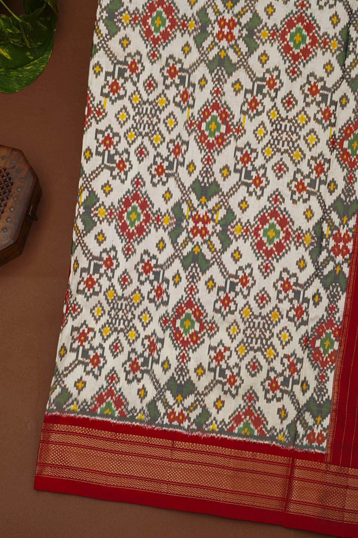 Ikat Silk Red Saree With Florals And Diamonds Border