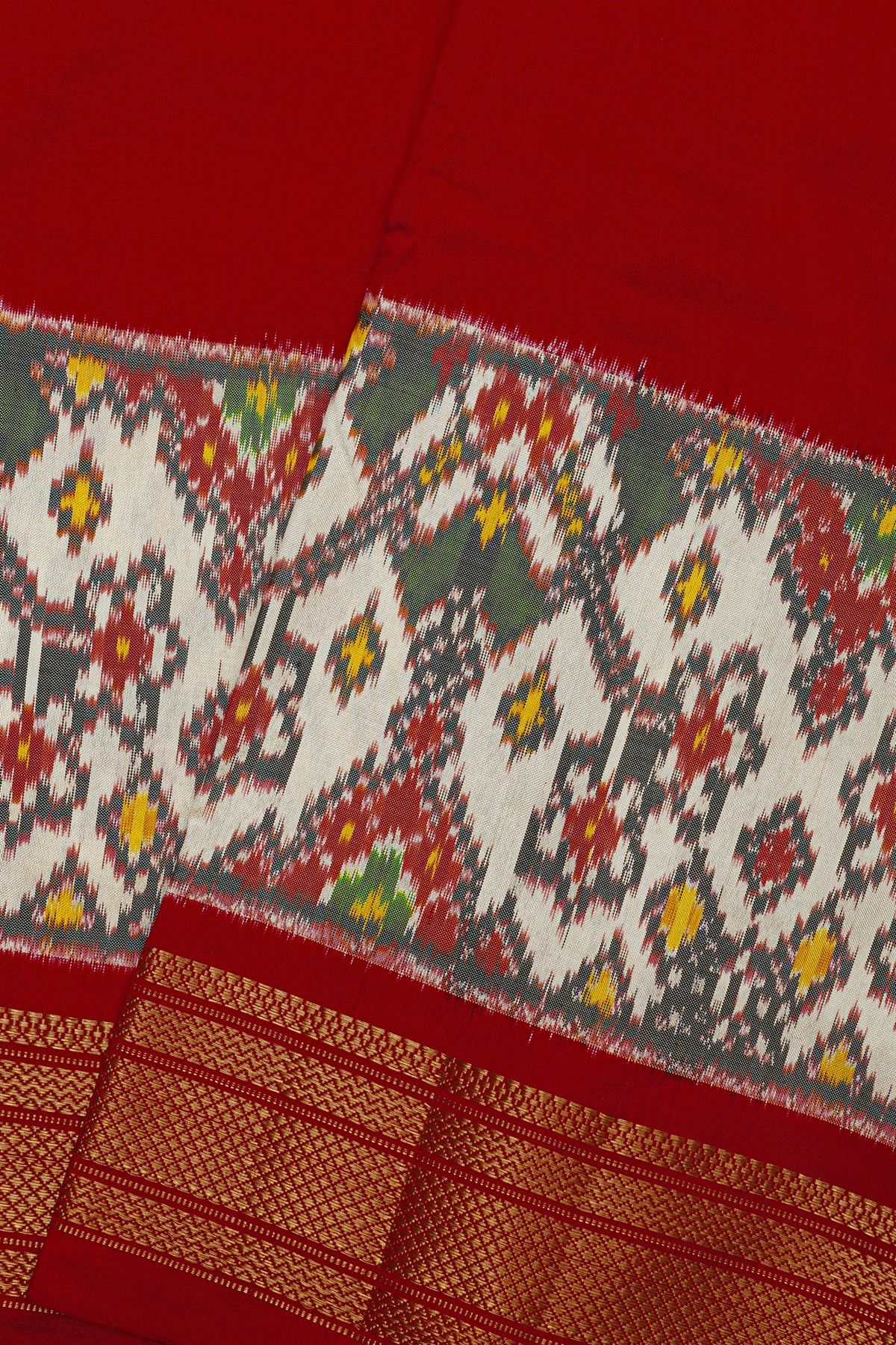 Ikat Silk Red Saree With Florals And Diamonds Border