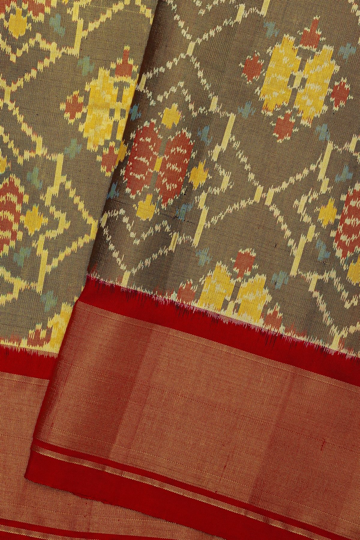 Ikat Silk Dual Colour Saree With Florals And Leaves In Cross Checks Body