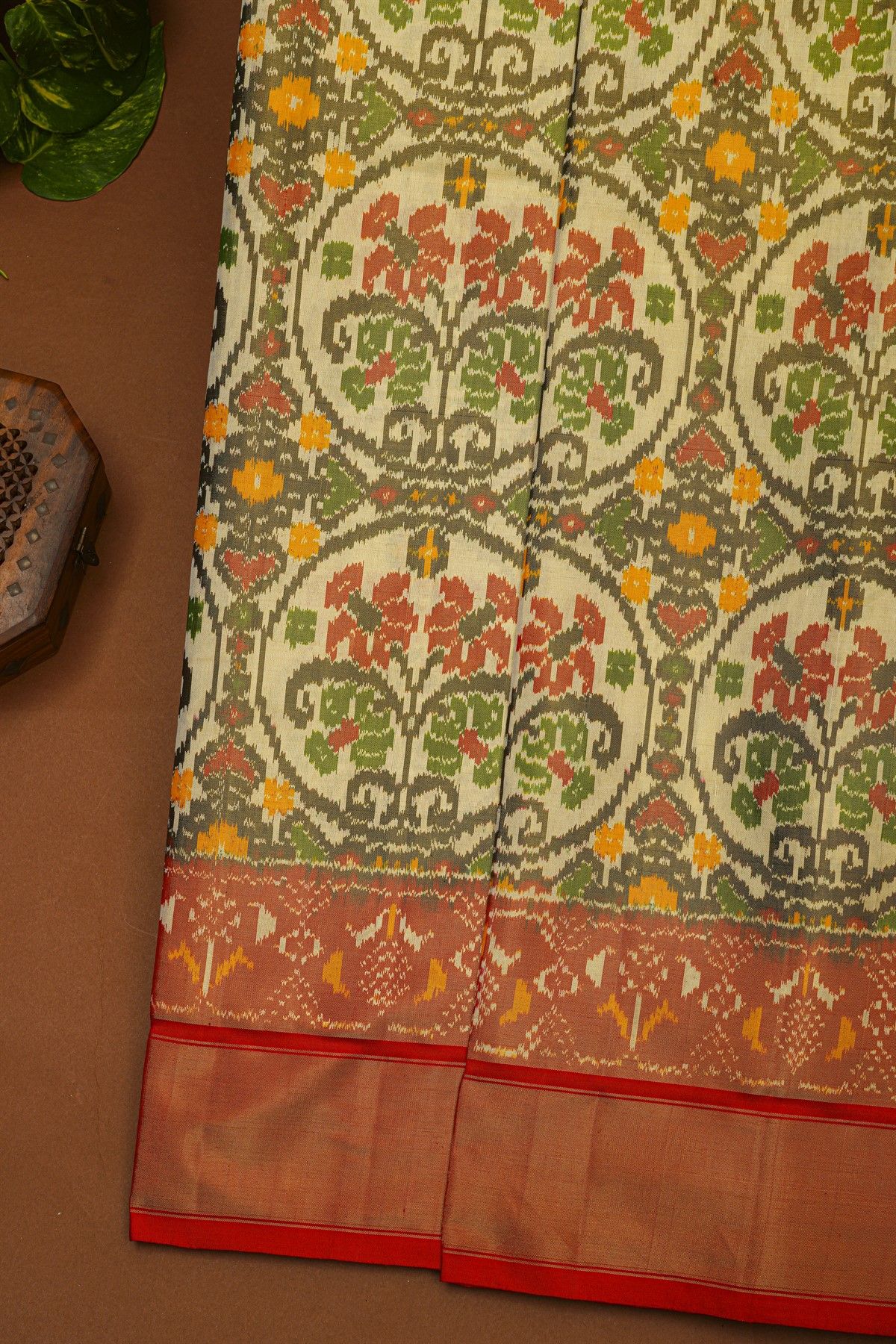 Ikat Silk Multi-Colour Saree With Florals And Kaddi Border