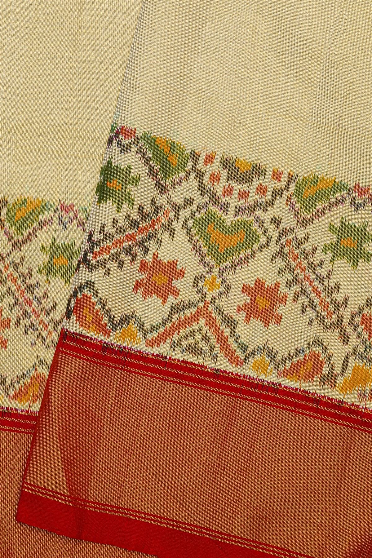 Ikat Silk Cream Saree With Florals And Kaddi Border