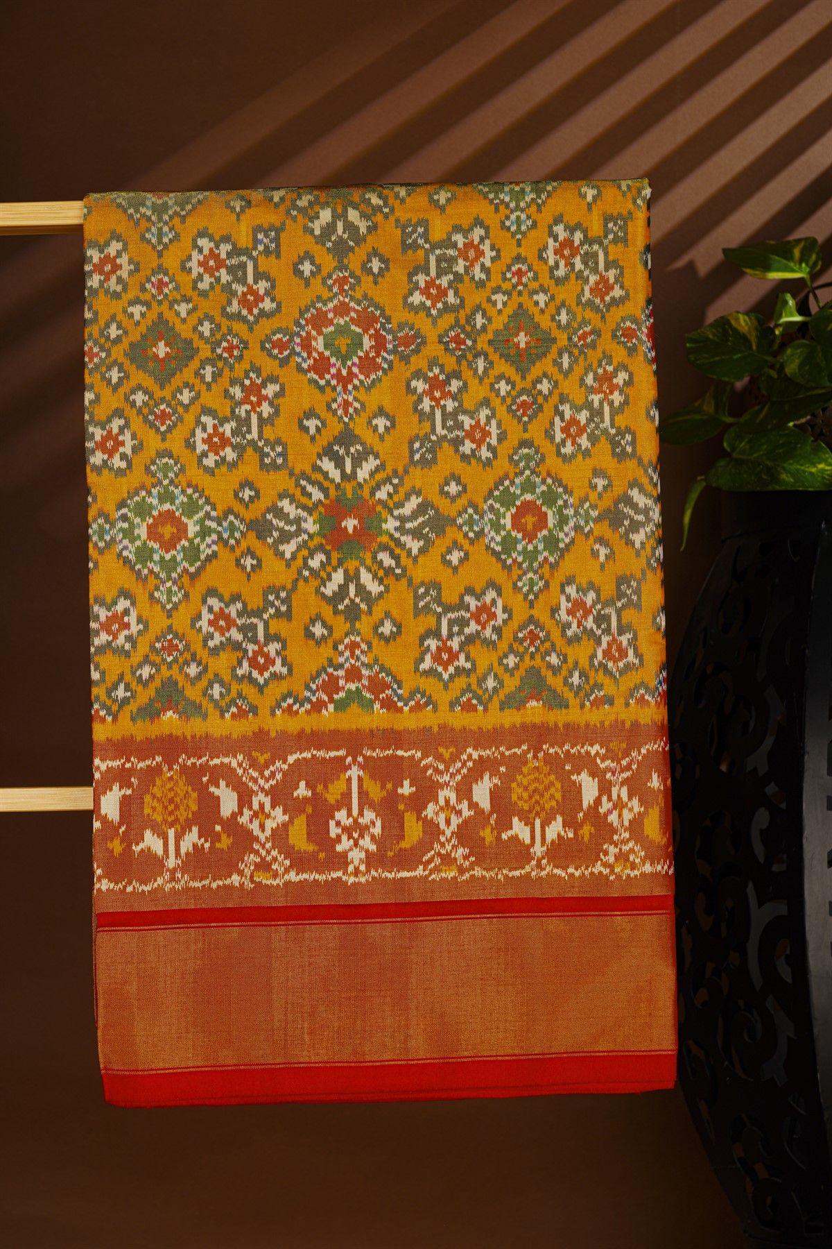 Ikat Silk Mustard Saree With Florals And Diamonds In Ikat Design Body