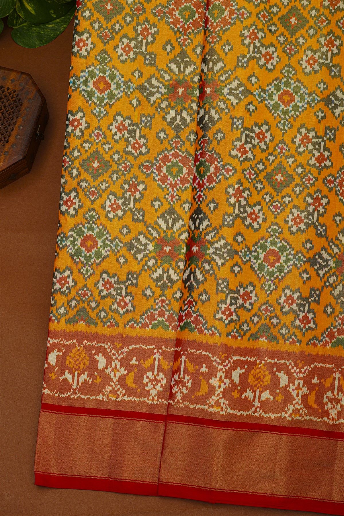 Ikat Silk Mustard Saree With Florals And Diamonds In Ikat Design Body