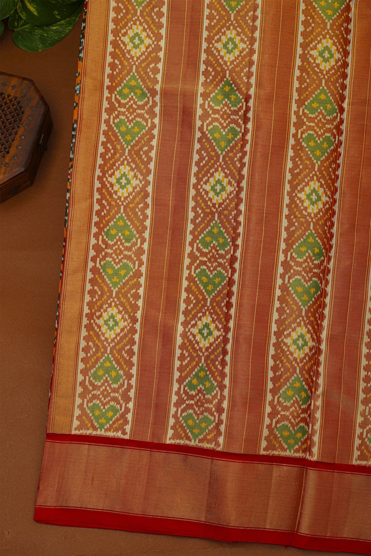 Ikat Silk Mustard Saree With Florals And Diamonds In Ikat Design Body