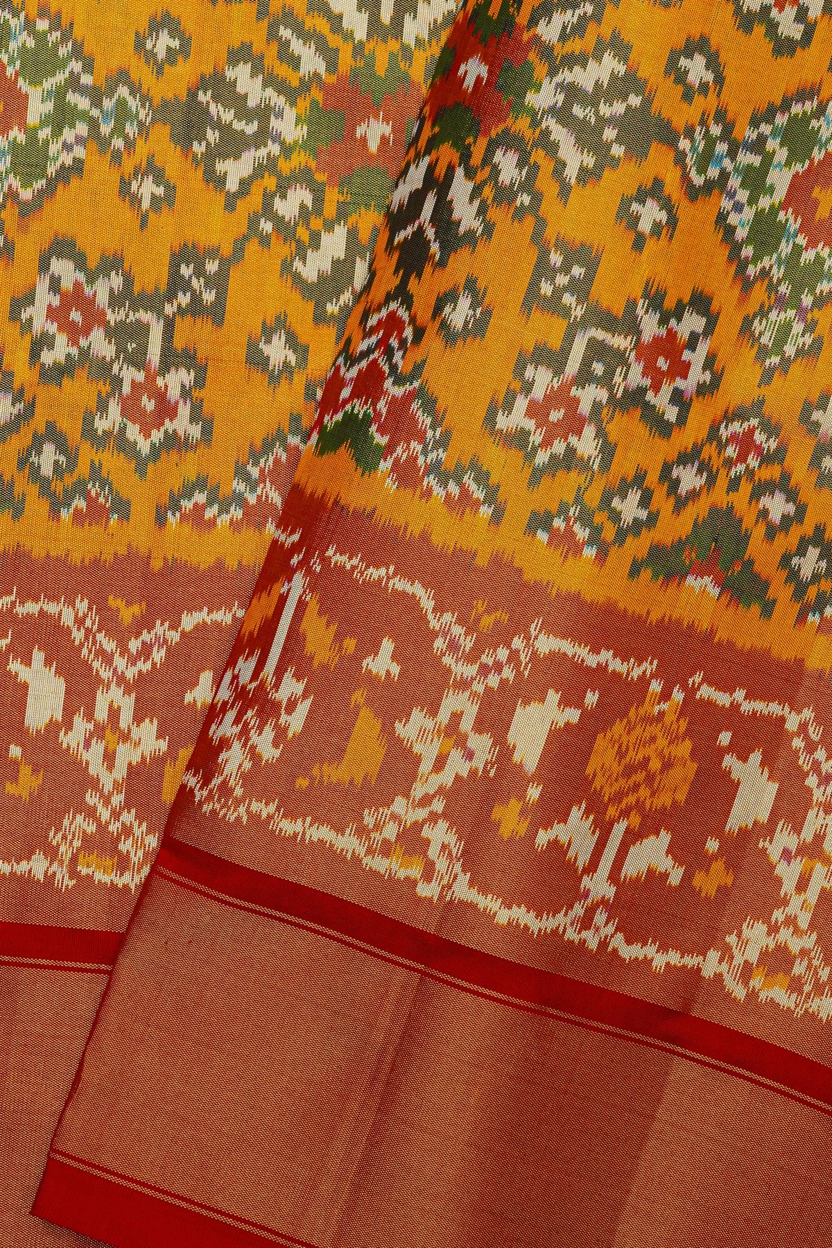 Ikat Silk Mustard Saree With Florals And Diamonds In Ikat Design Body
