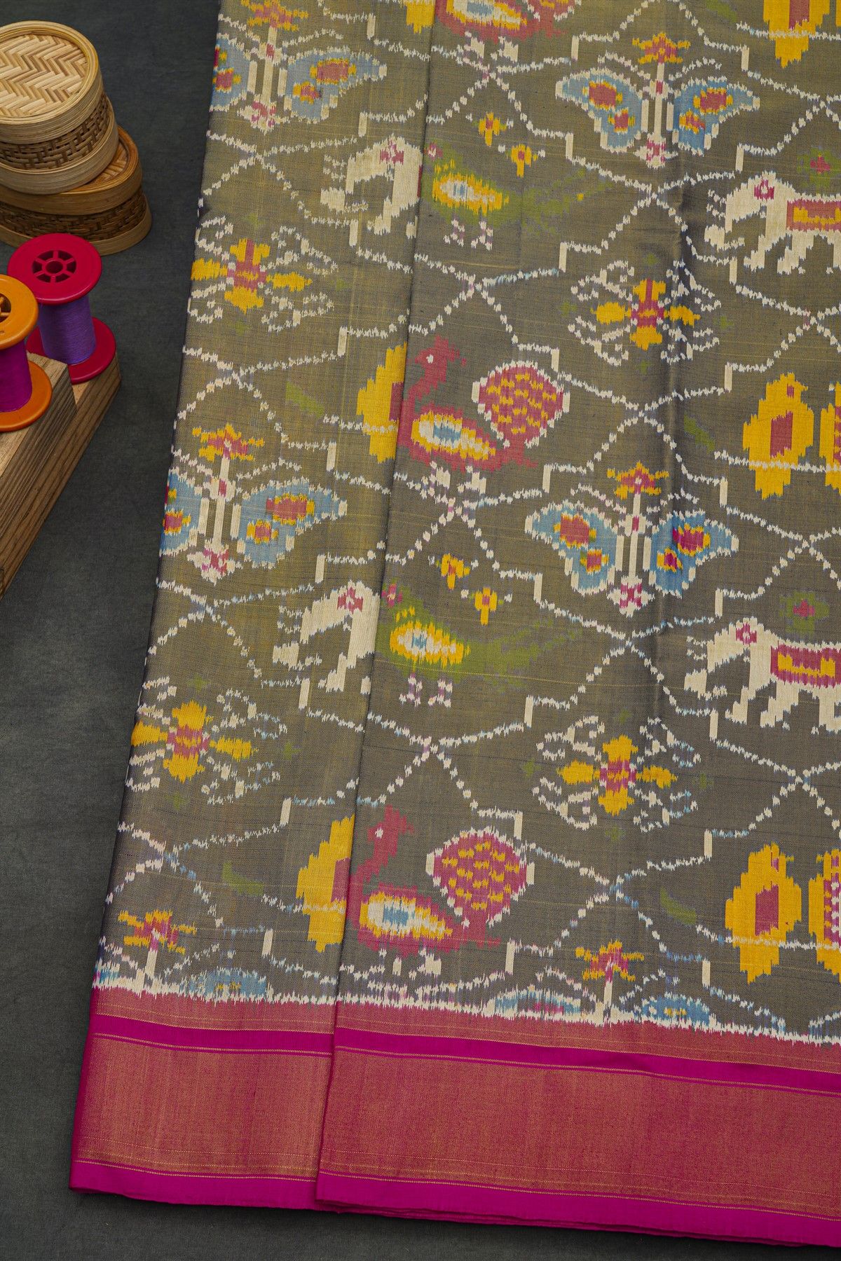 Pochampally Ikat Silk Grey Saree With Floral Butti Body