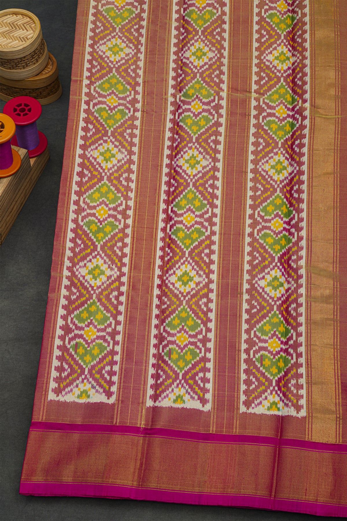 Pochampally Ikat Silk Grey Saree With Floral Butti Body