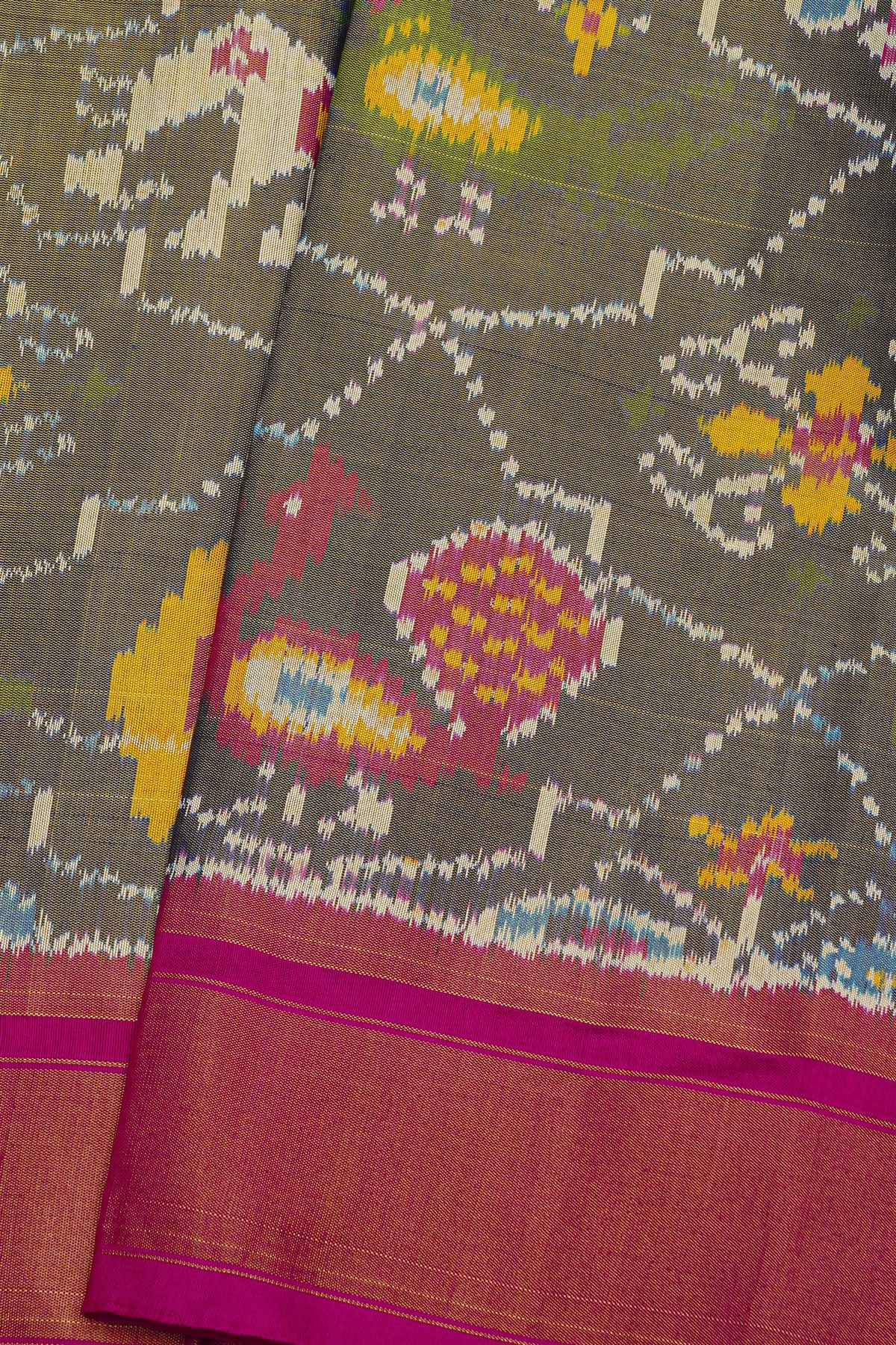 Pochampally Ikat Silk Grey Saree With Floral Butti Body