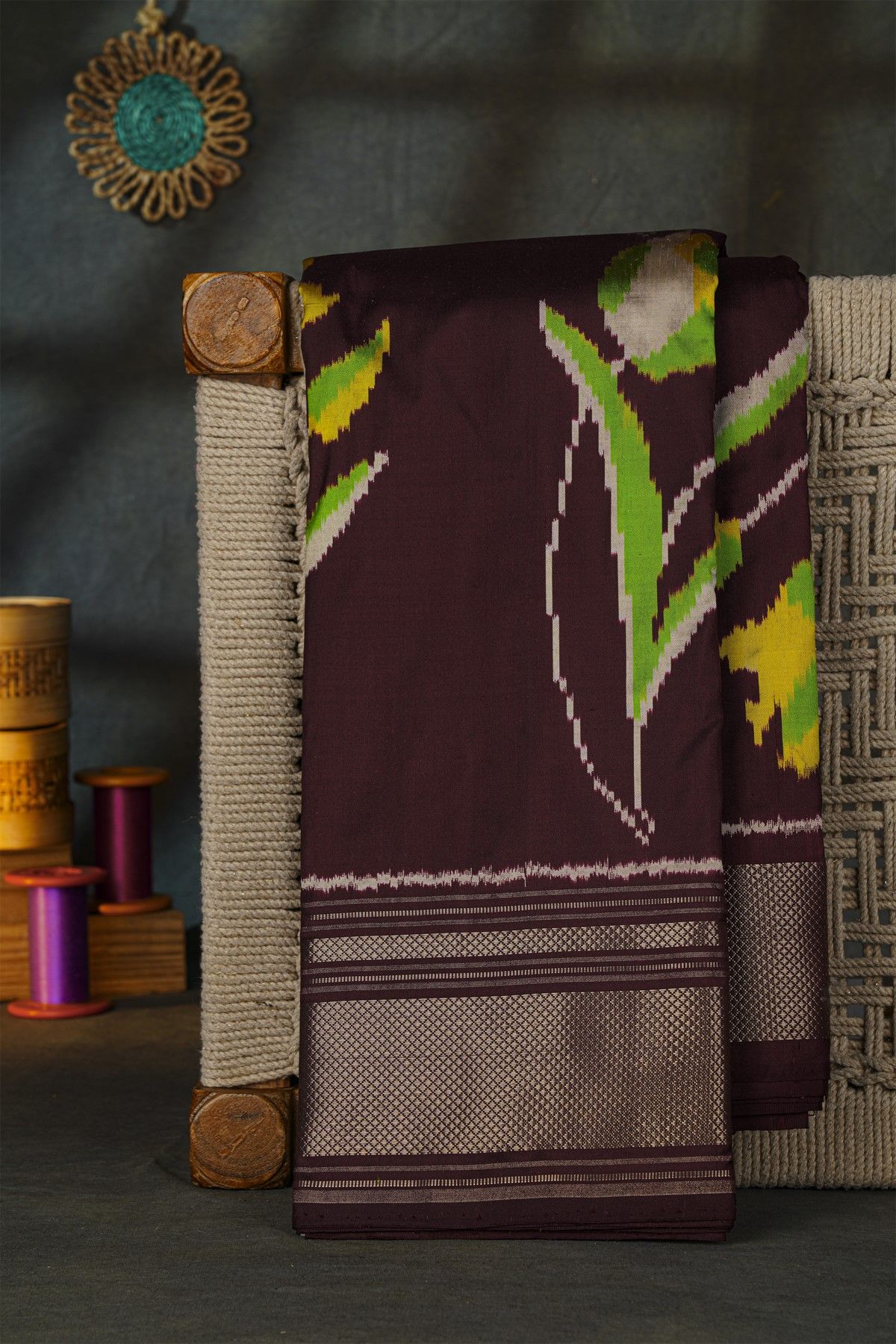 Pochampally Ikat Silk Dark Wine Saree With Floral And Leaf Body