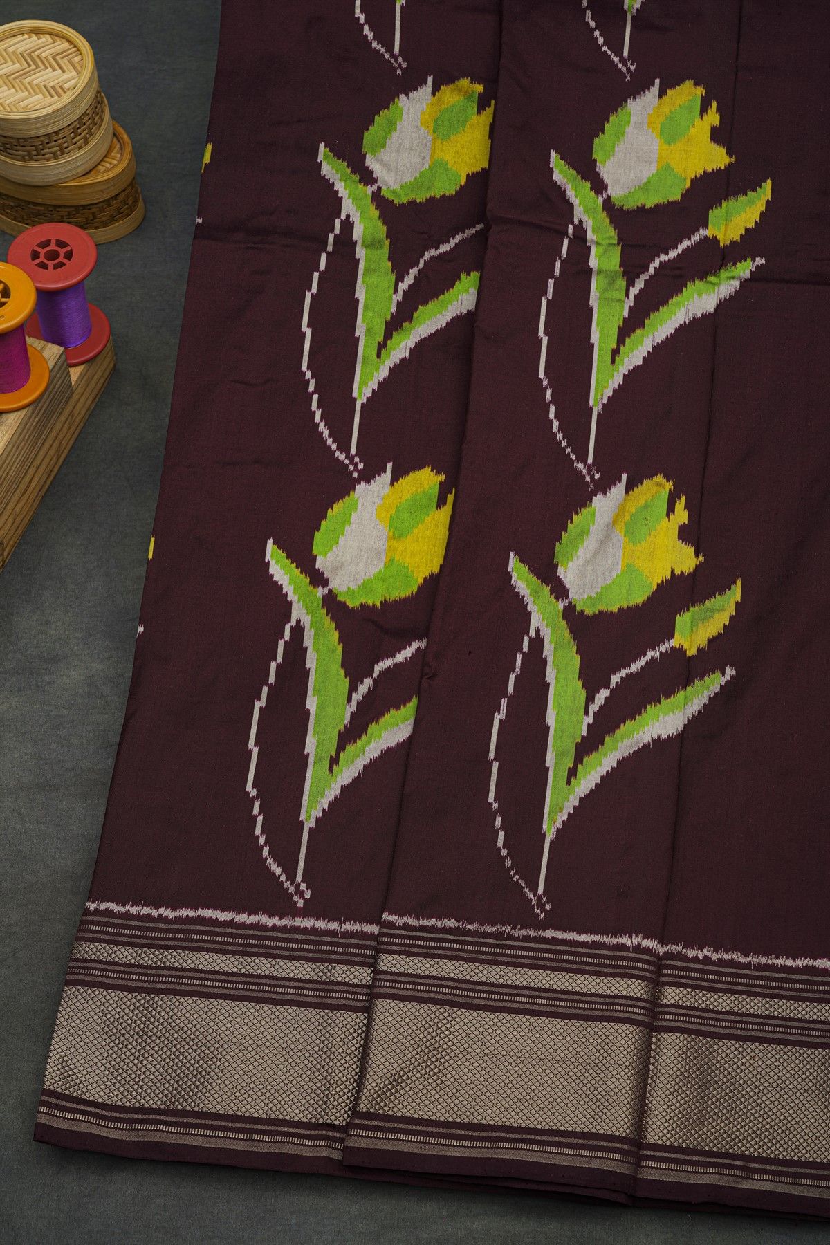 Pochampally Ikat Silk Dark Wine Saree With Floral And Leaf Body