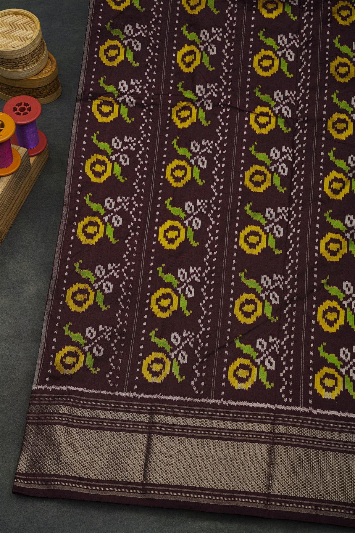 Pochampally Ikat Silk Dark Wine Saree With Floral And Leaf Body