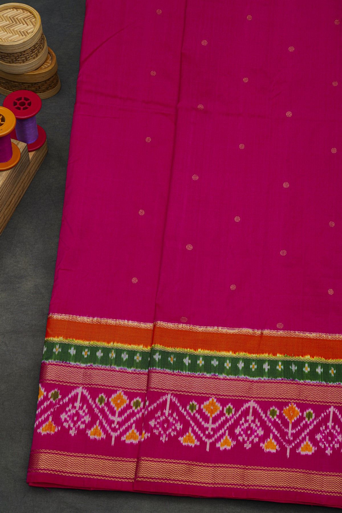 Pochampally Ikat Silk Rani Pink Saree With Floral And Leaf Jaal Border
