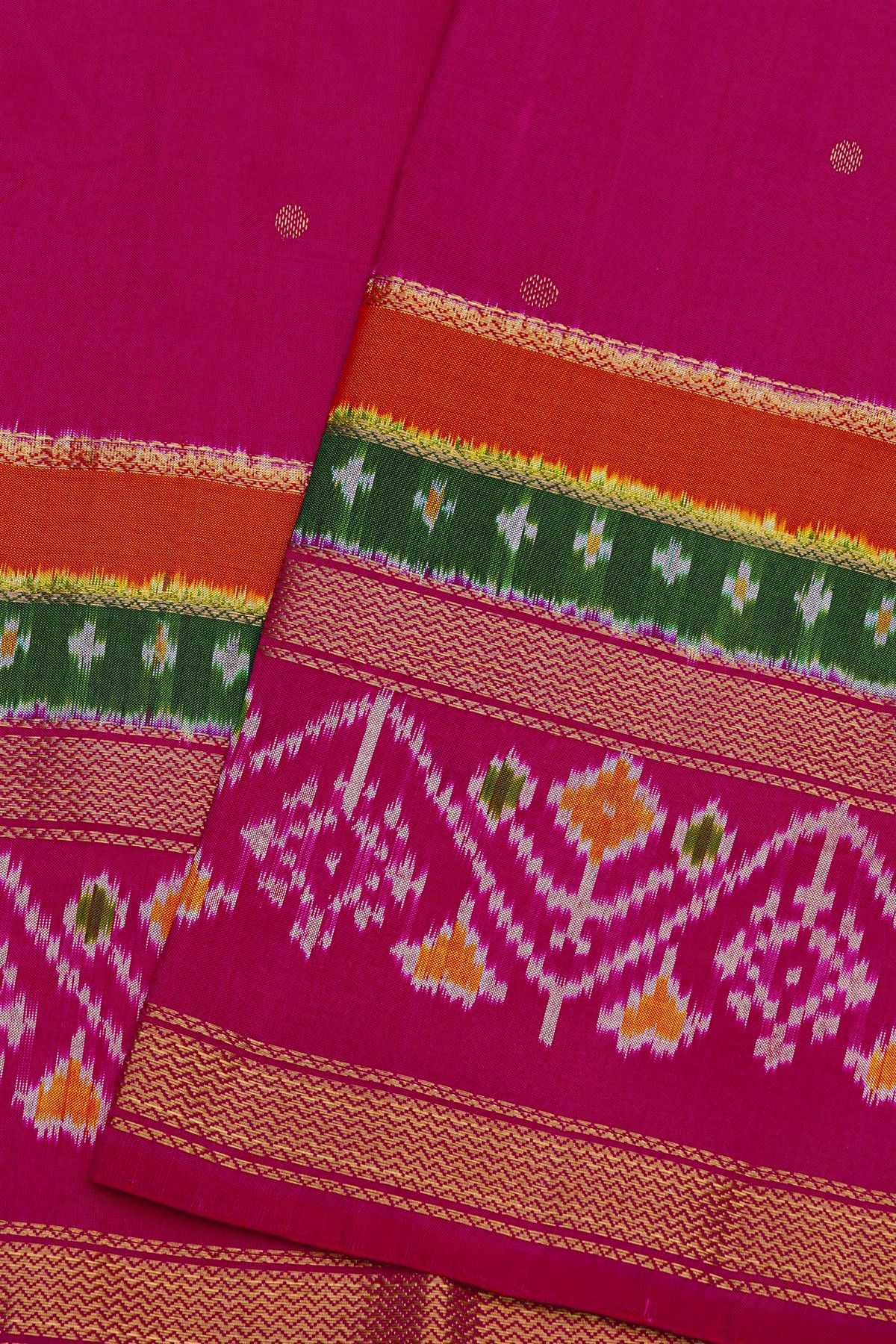 Pochampally Ikat Silk Rani Pink Saree With Floral And Leaf Jaal Border