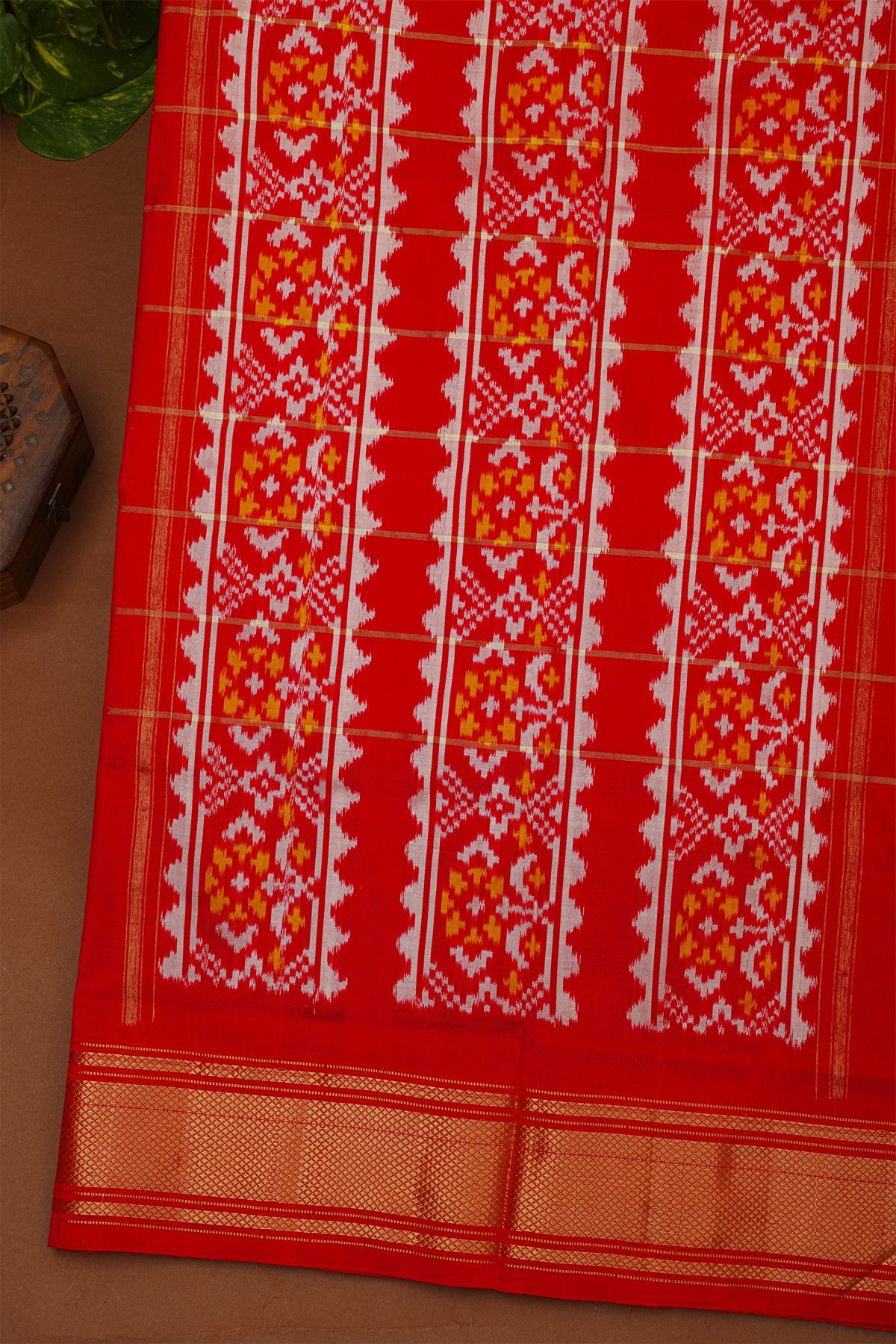 Ikat Silk Cream Saree With Florals And Diamonds In Checks Border