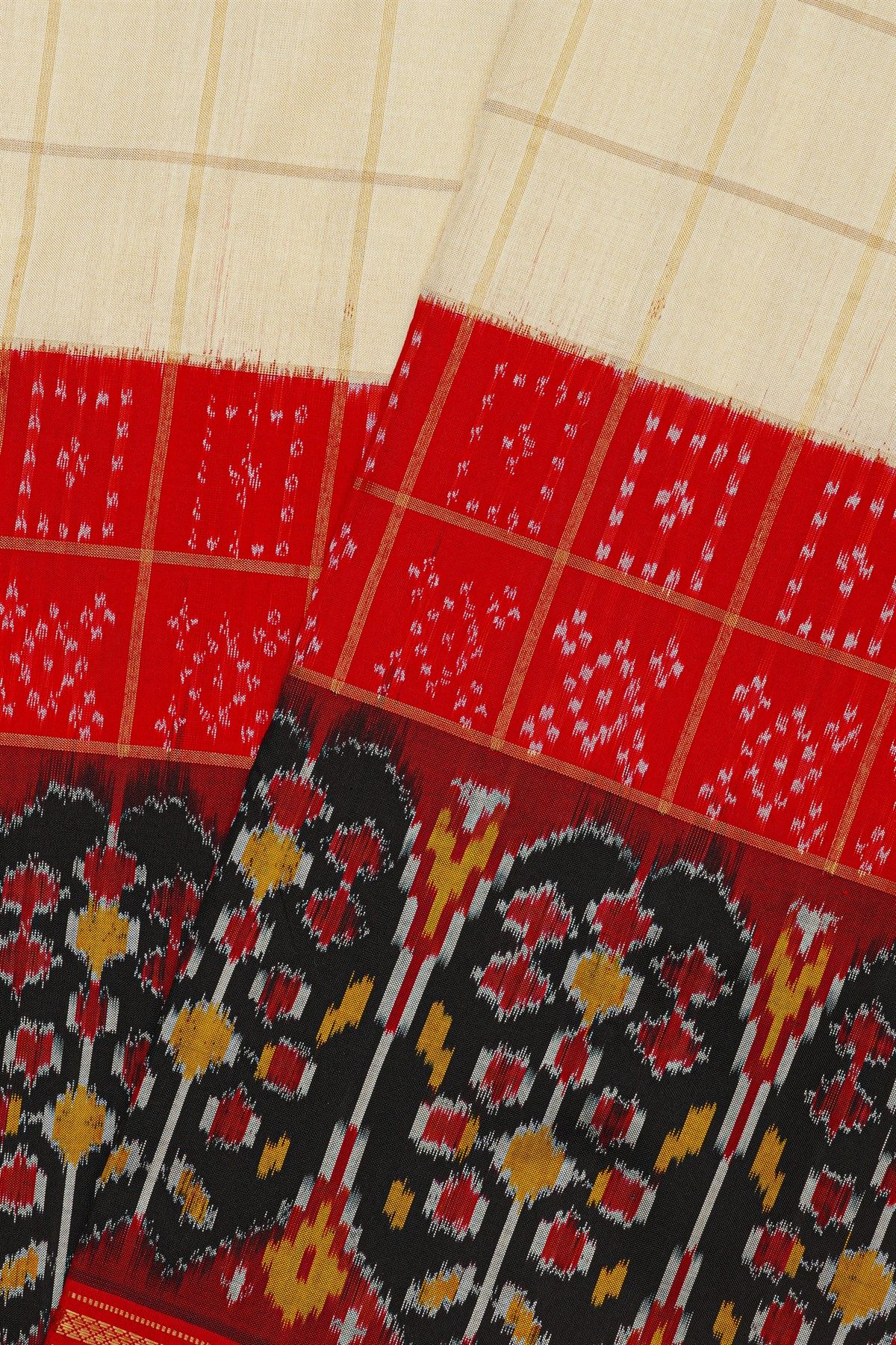 Ikat Silk Cream Saree With Florals And Diamonds In Checks Border